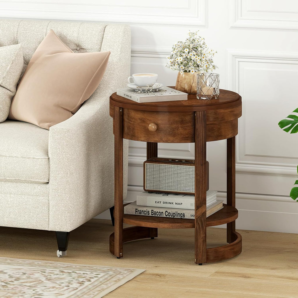 Giantex Round Side Table Set of 2, 2-Tier Wooden End Table with Drawer and Shelf, Vintage Wood Grain Finish, Retro Circle Night Stand for Living Room Bedroom, Walnut