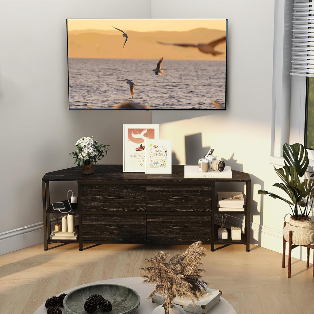 EXOTICA Corner TV Stand for 55 inch TV with Drawer and Charge Station Black Corner Entertainment Center for Living Room Modern Corner Console Table with 4 Open Storage Shelves Metal Frame