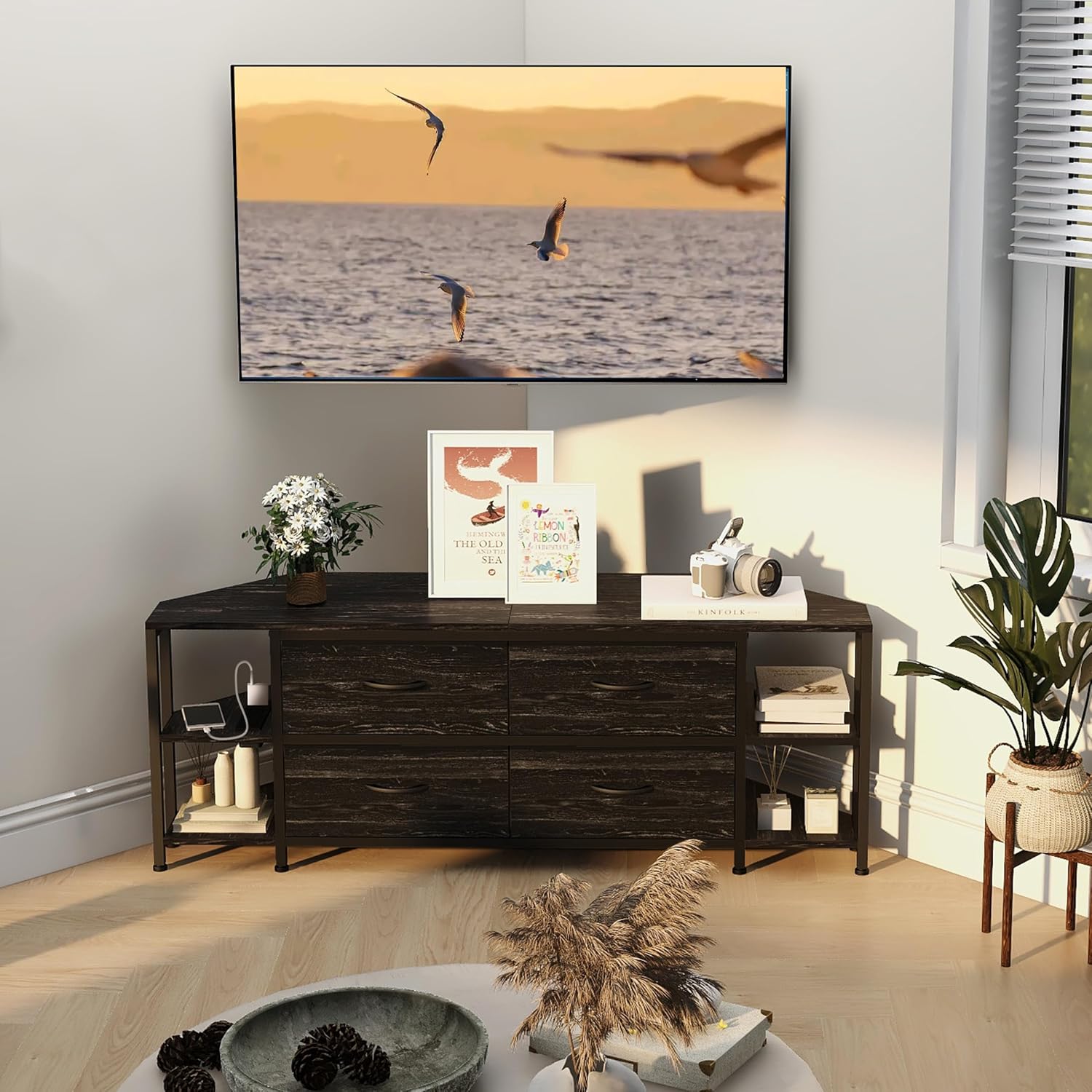 EXOTICA Corner TV Stand for 55 inch TV with Drawer and Charge Station Black Corner Entertainment Center for Living Room Modern Corner Console Table with 4 Open Storage Shelves Metal Frame