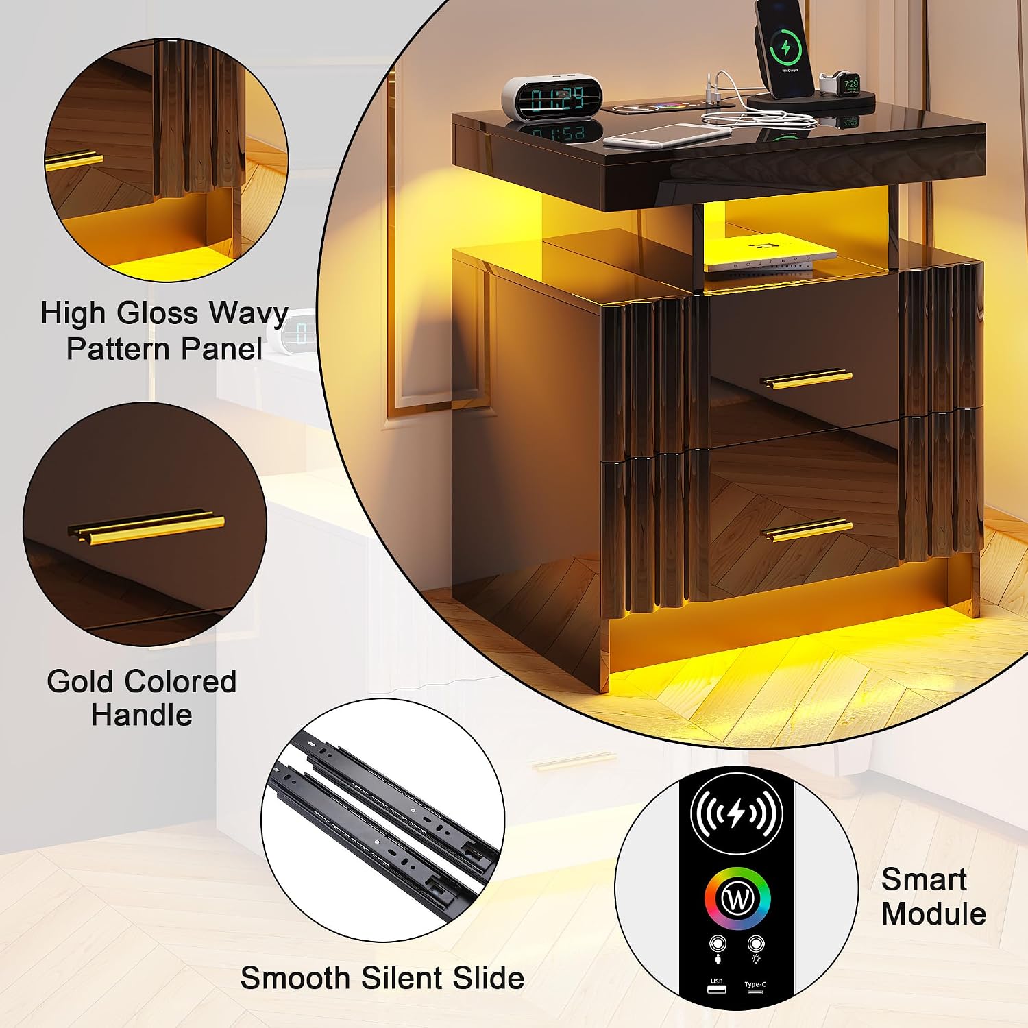 Nightstand with Wireless Charging Station,Set of 2 Bedroom Bedside Table with RGB Lights, Smart Night Stand with 2 Drawers, Bedside Tables Modern Bedside Table for Bedroom, Living Room(Black)