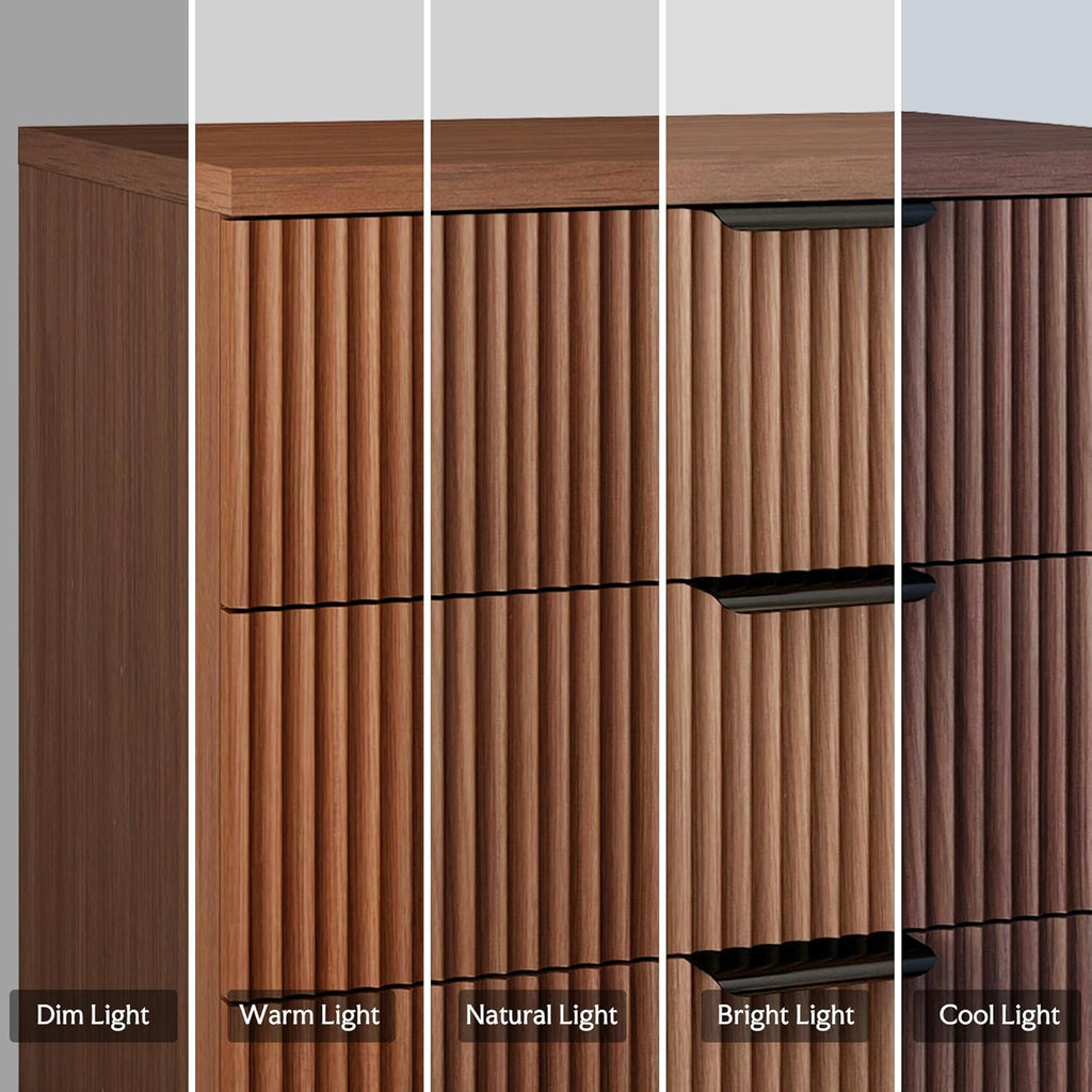 25.6'W Fluted Nightstand with 3 Drawer, Mid-century Modern Wood Night Stands Bedside Table for Bedroom King/Queen Bed, End Table with Robot-friendly Legs for Living Room,Entry (3 Drawers-1pcs-Walnut)