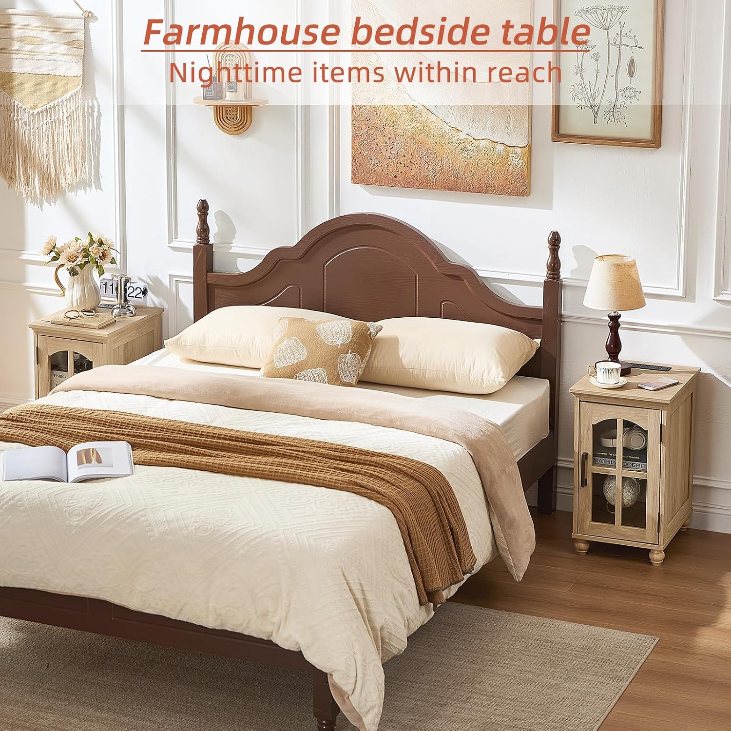 RWYHG End Table Set 3 with Charger Station, 18'' Narrow Nightstand and 24' Large Sofa Side Tables with Glass Barn Door Storage, Farmhouse Night Stands Bedside Table for Living Room,Bedroom