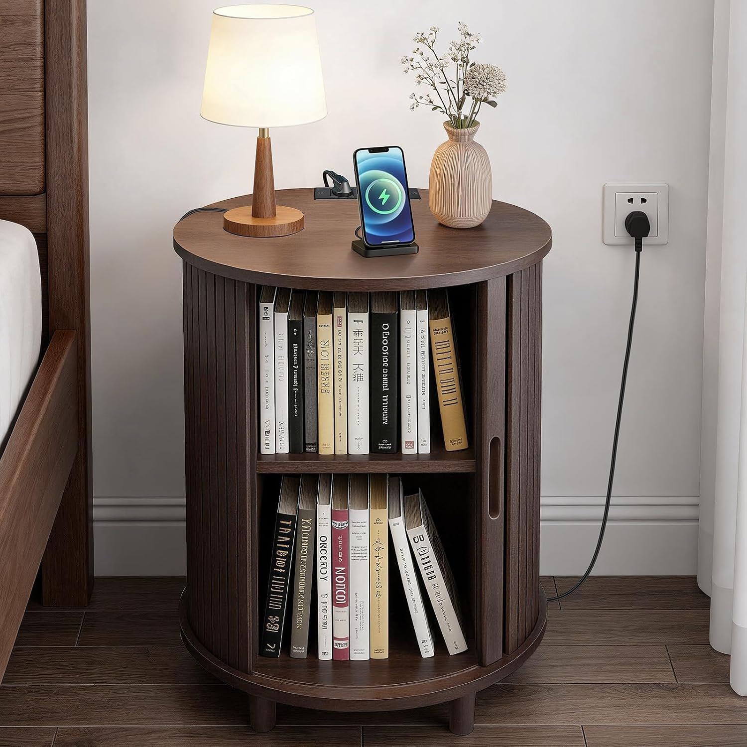DHH End Table Set of 2 with Storage & Charging Station, Fluted Accent Side Table with Sliding Door & Adjustable Shelf, Mid-Century Nightstand for Small Spaces, Living Room, Bedroom(2, Dark Walnut)