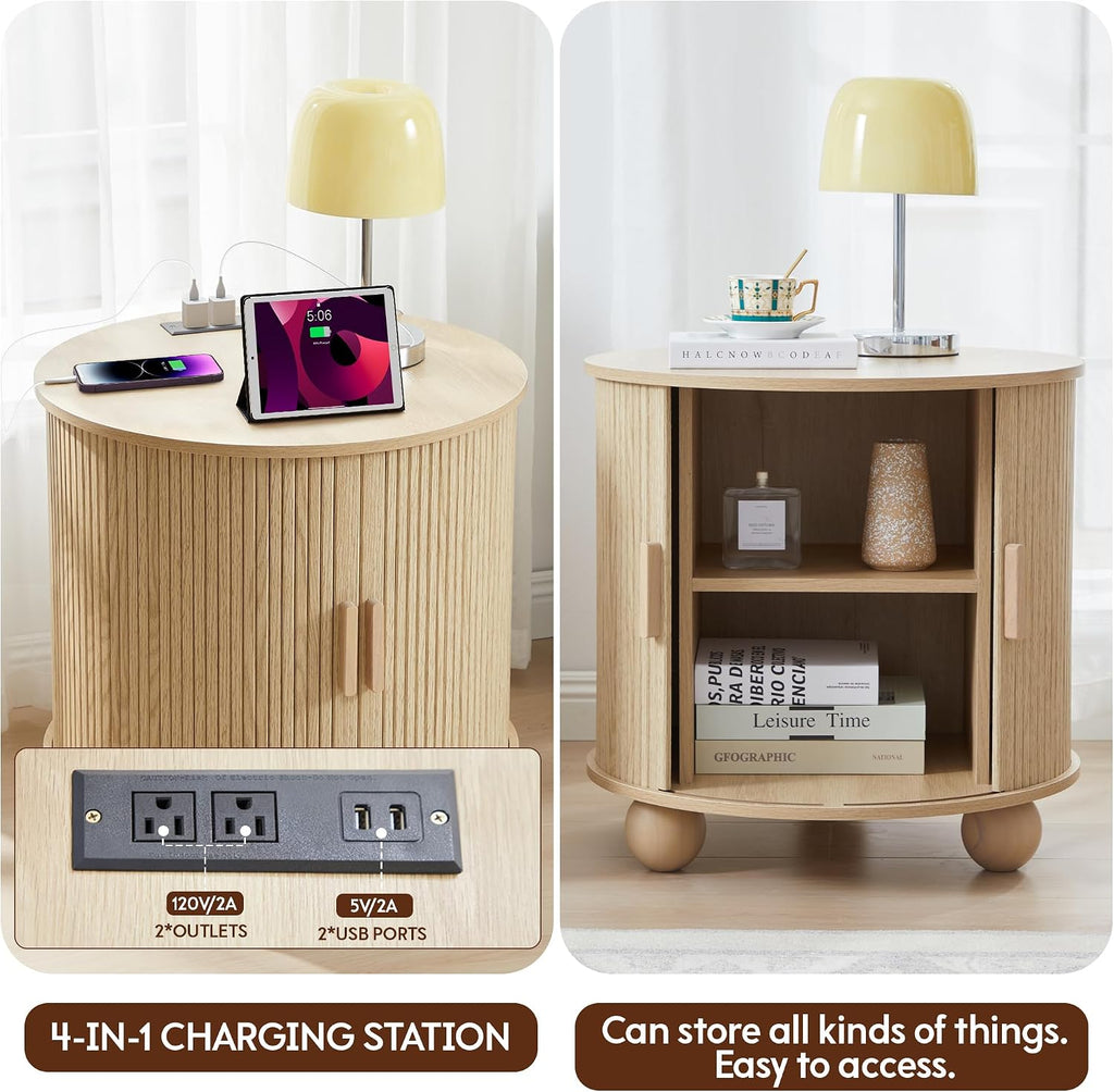 24' Fluted Round Nightstand Set of 2, Mid-Century Large Wooden End Table with Charging Station, Farmhouse Storage Side Table with Sliding Door for Bedroom Living Room (2XRound, Natural)