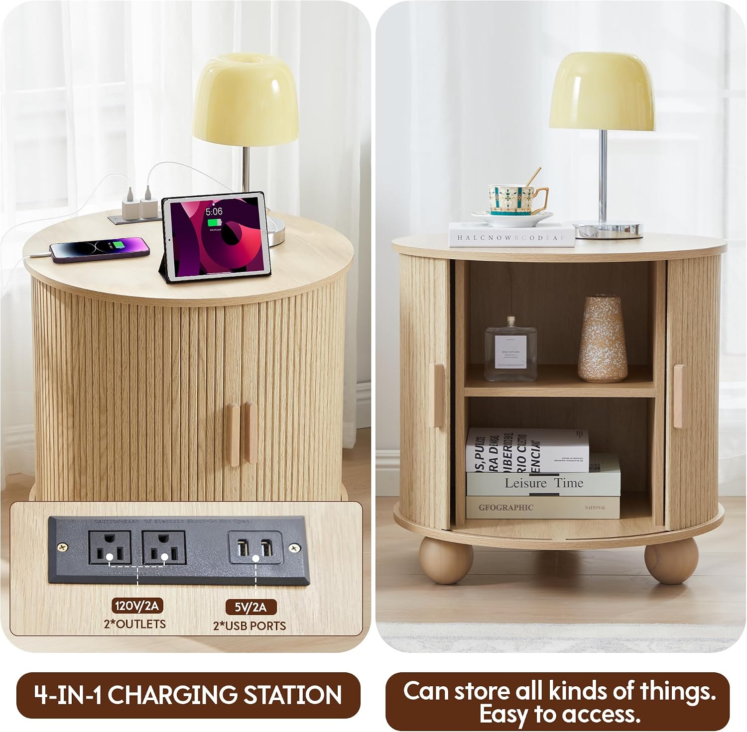 24' Fluted Round Nightstand Set of 2, Mid-Century Large Wooden End Table with Charging Station, Farmhouse Storage Side Table with Sliding Door for Bedroom Living Room (2XRound, Natural)