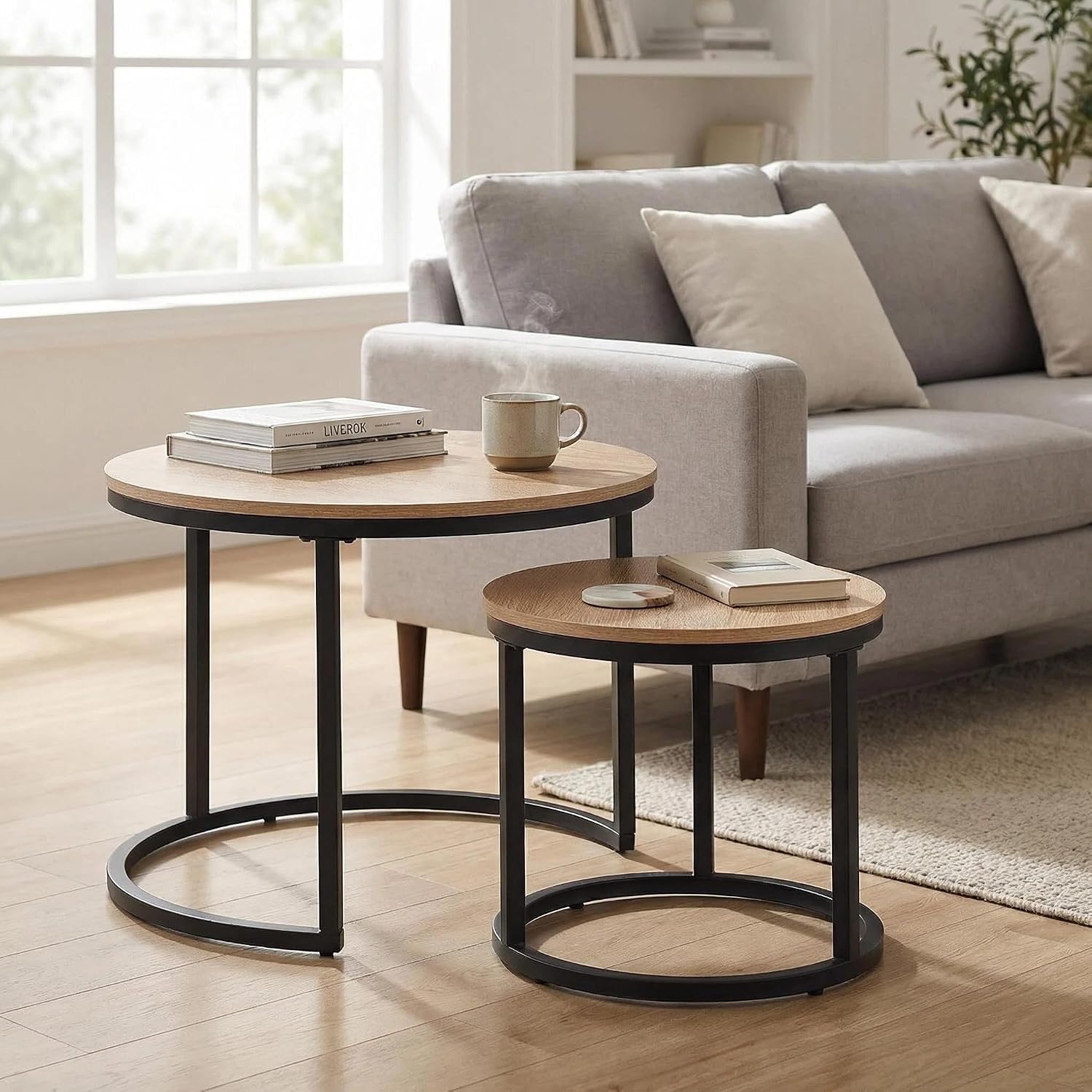 CENSI 24' Round Nesting Coffee Table, Accent Table, Natural Oak, Light Wooden Finish, Space-Saving, Modern Industrial Style