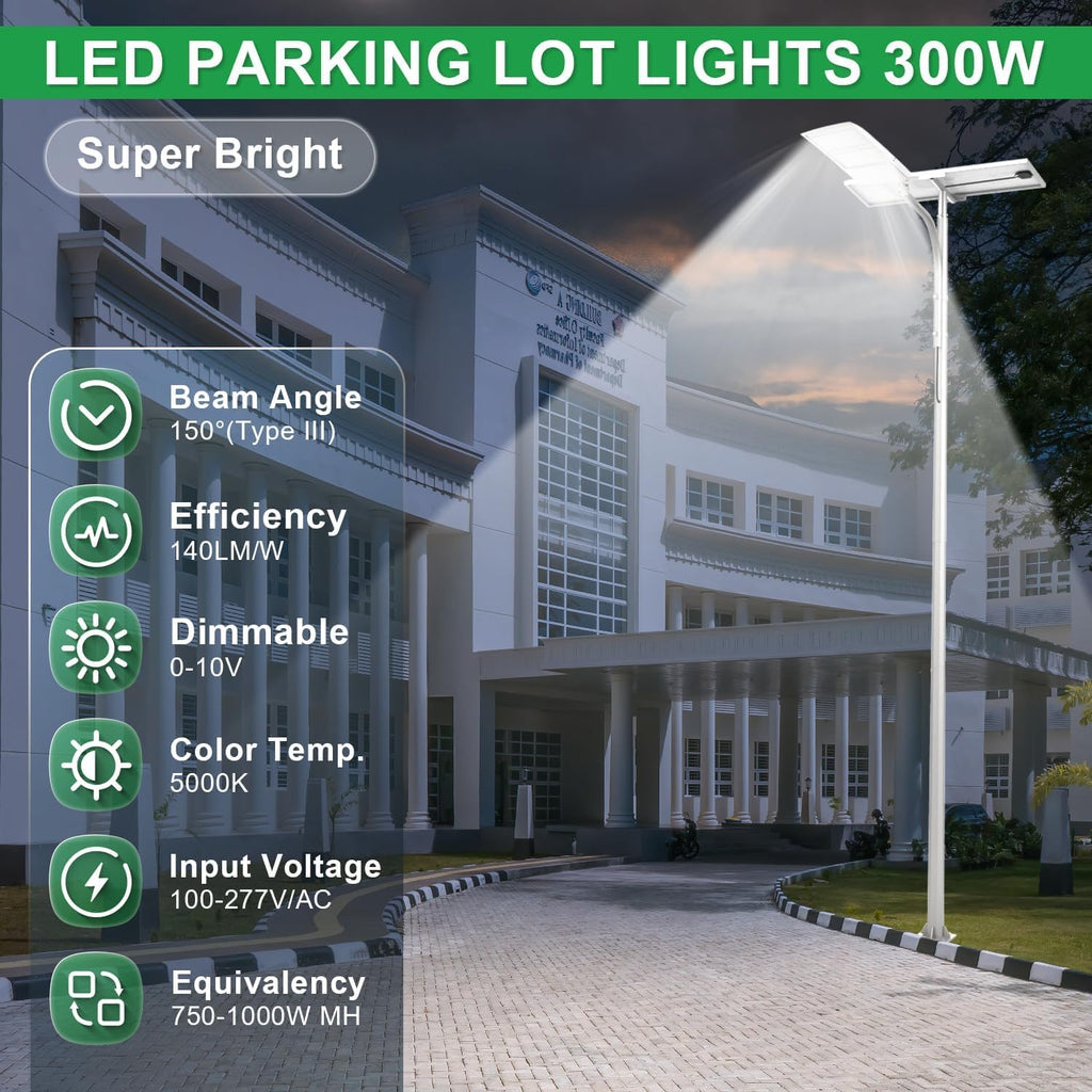 300W LED Parking Lot Light, 5000K 42000LM(140lm/w) LED Shoebox Area Light - Slip Fitter Mount, Dimmable Commercial Street Lighting, IP65 Surge Protection Built-in, AC100-277V