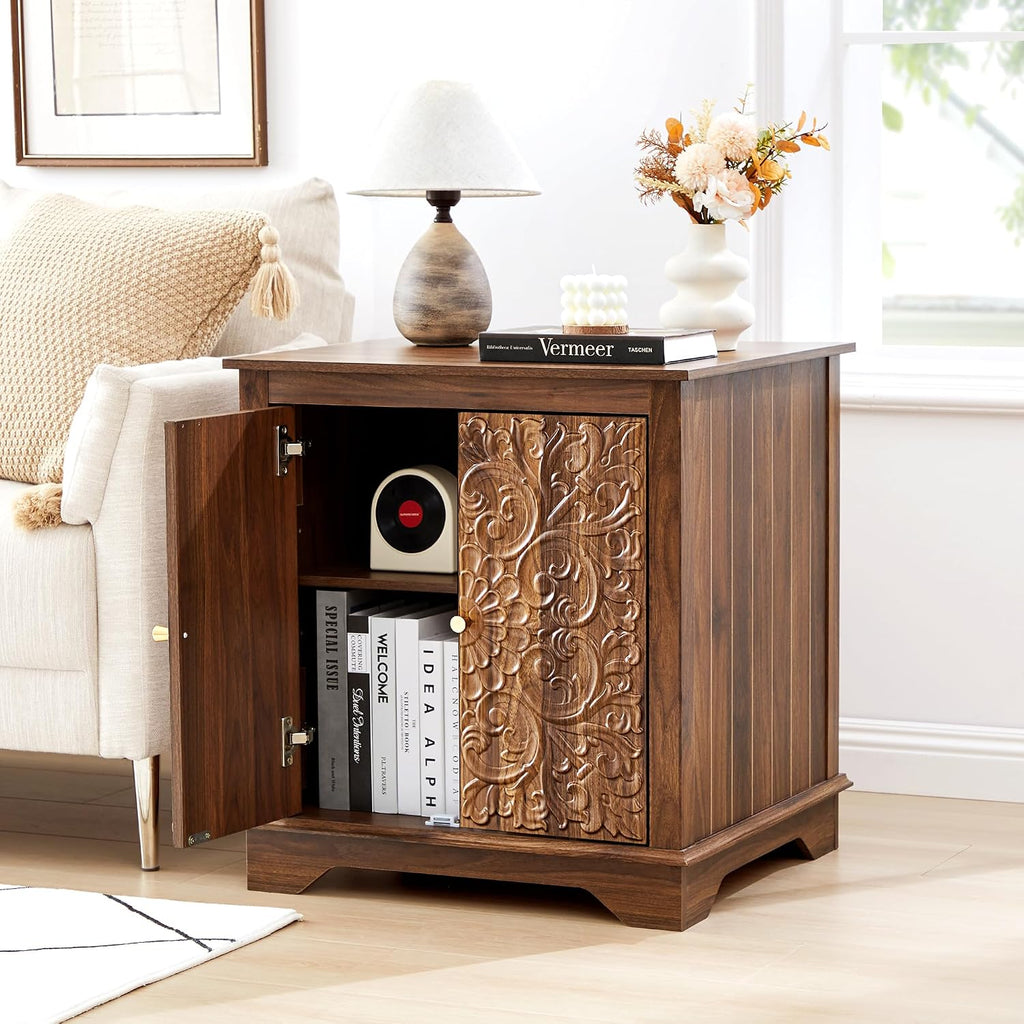 weselon End Table Set of 2, Carved Floral Square Nightstand with Adjustable Shelf, Farmhouse Wooden 2 Door Side Table for Living Room Bedroom (Walnut)