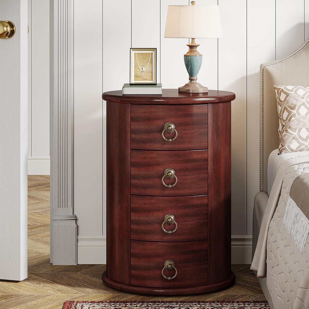 Tribesigns Solid Wood Nightstand, Round Night Stand with 4 Drawers, Rustic Bedside Table Tall Nightstand for Bedroom, Living Room, No Assembly Required (1)