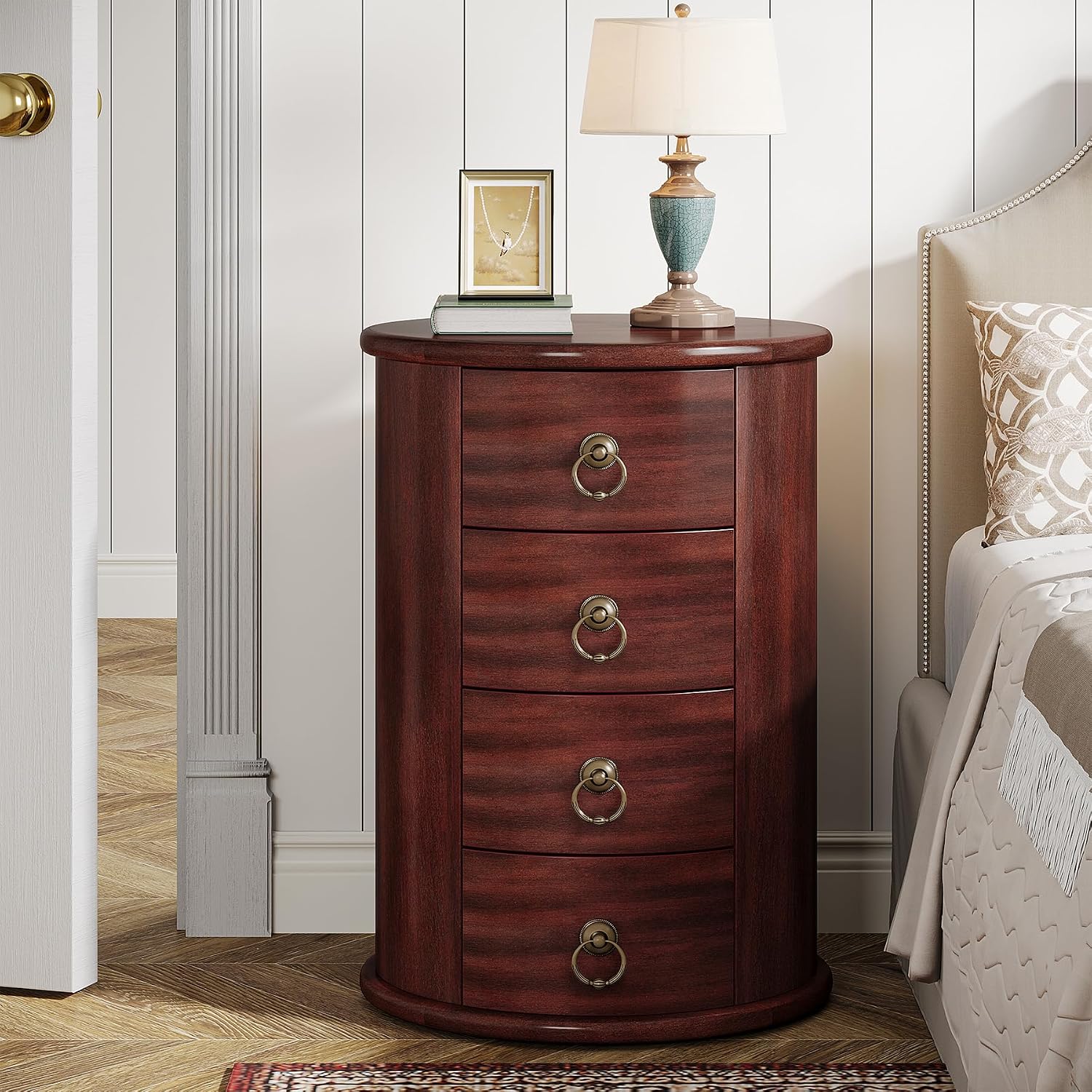 Tribesigns Solid Wood Nightstand, Round Night Stand with 4 Drawers, Rustic Bedside Table Tall Nightstand for Bedroom, Living Room, No Assembly Required (1)