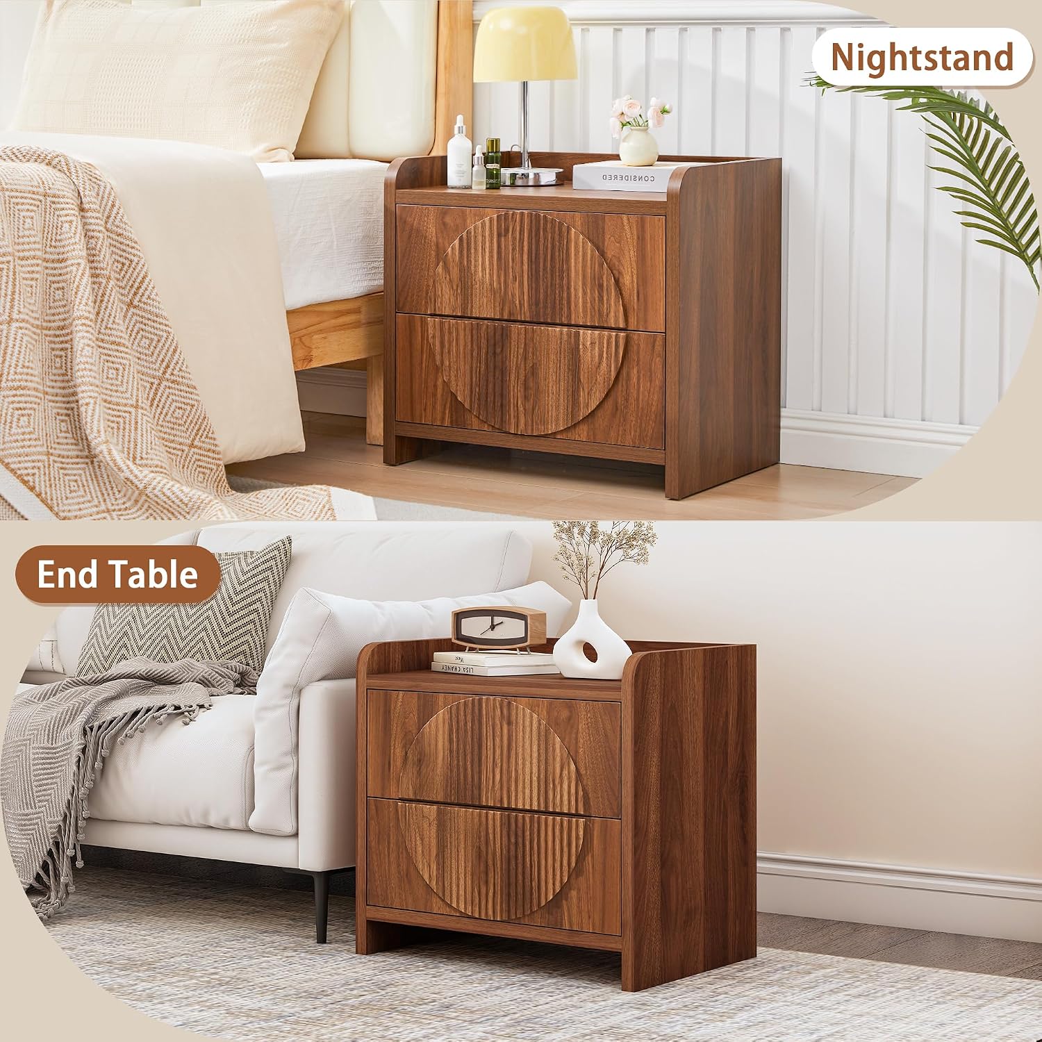 24 Inch Wide Fluted Nightstands for Bedroom, Mid Century Modern Bedside Table, Large Night Stand with 2 Drawers, Wooden End Table with Storage, Walnut