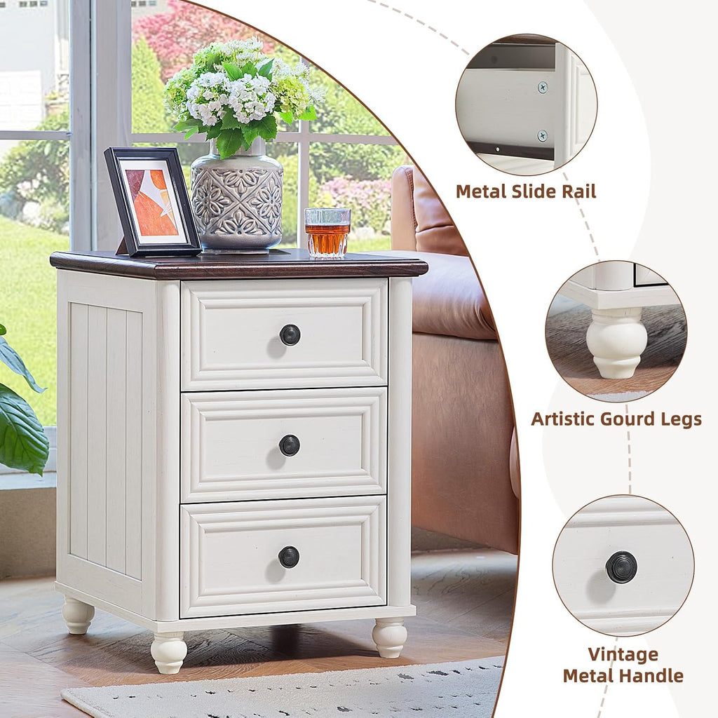 RWYHG 18' Farmhouse Nightstand with Charging Station and USB Port, White Night Stand with 3 Drawers, Wood Bedside End Table with Storage, Bed Side Tables for Bedroom Living Room and Closet
