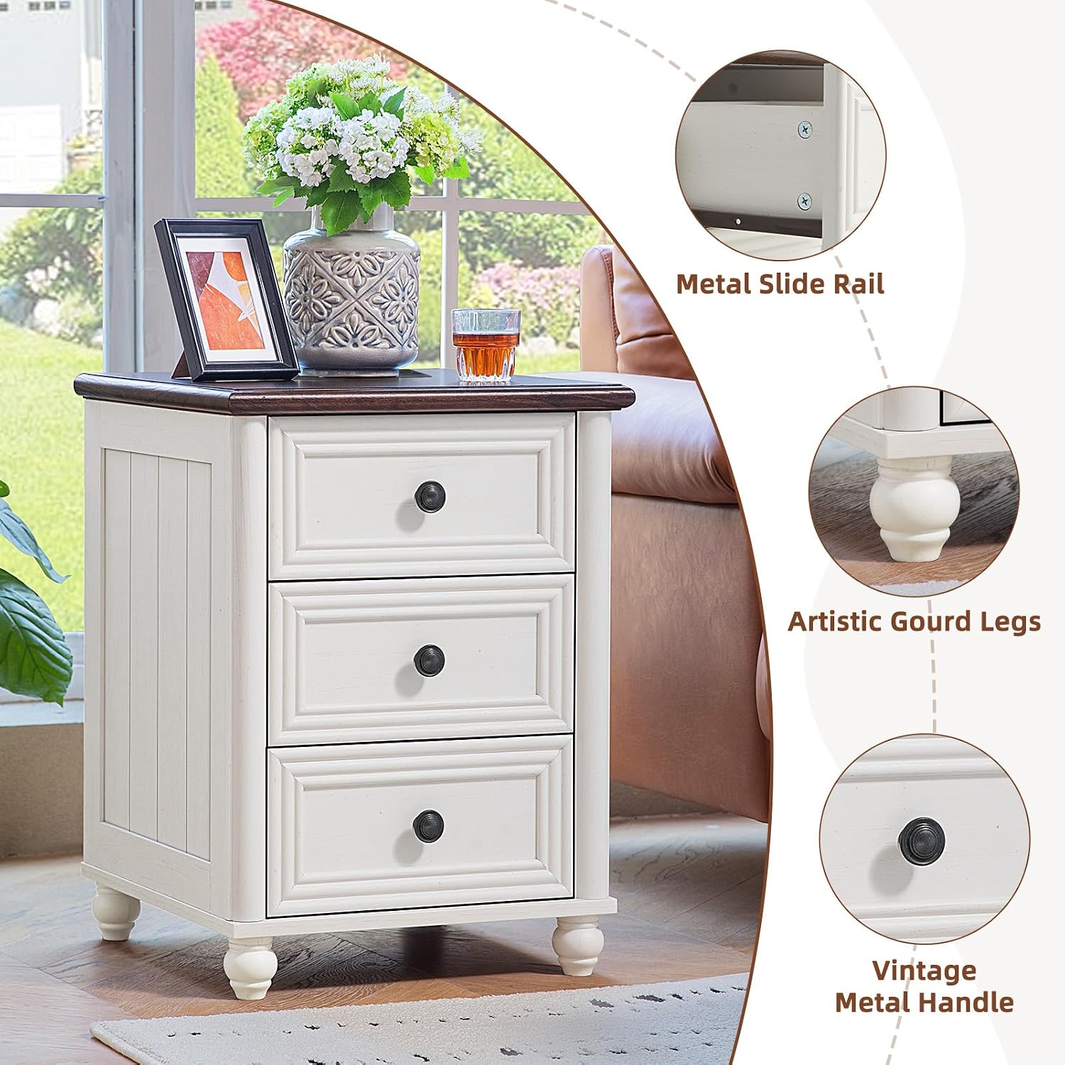 RWYHG 18' Farmhouse Nightstand with Charging Station and USB Port, White Night Stand with 3 Drawers, Wood Bedside End Table with Storage, Bed Side Tables for Bedroom Living Room and Closet