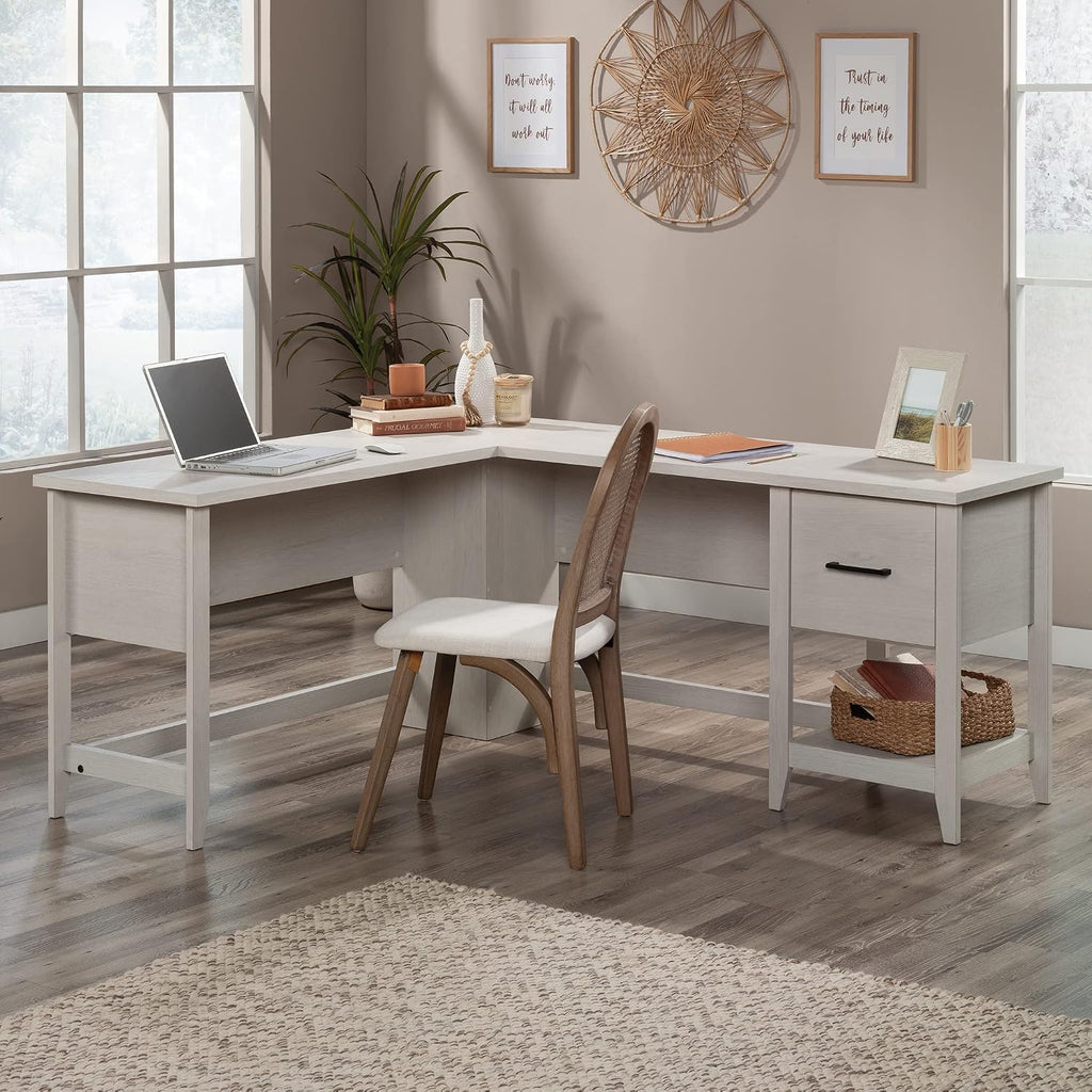 Sauder Summit Station L-Shaped Corner Home Office Desk with Drawer and Open Storage Shelf, in Glacier Oak