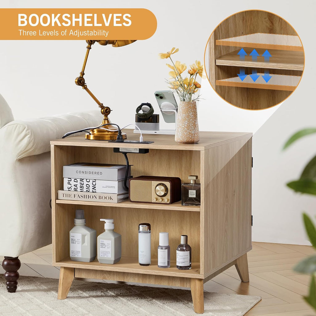 Fluted End Table with Charging Station, 2 Door Side Table with Storage, Mid Century Modern Nightstand for Bedroom Bedside, Living Room Couch Sofa, Office, Desk Side Table for Small Spaces-Natural