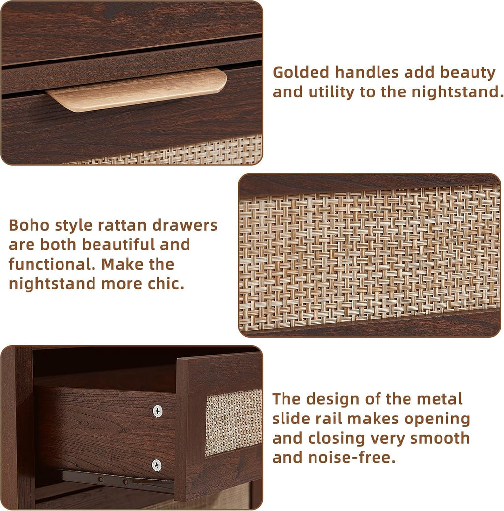 LEYAOYAO 31.5' Wide Rattan Night Stand, Large Boho Nightstand, Bedside Table with Storage, Tall Bed Side End Tables, Chest of Drawers for Bedroom, Living Room, Hallway（Walnut,3 Drawers,2）