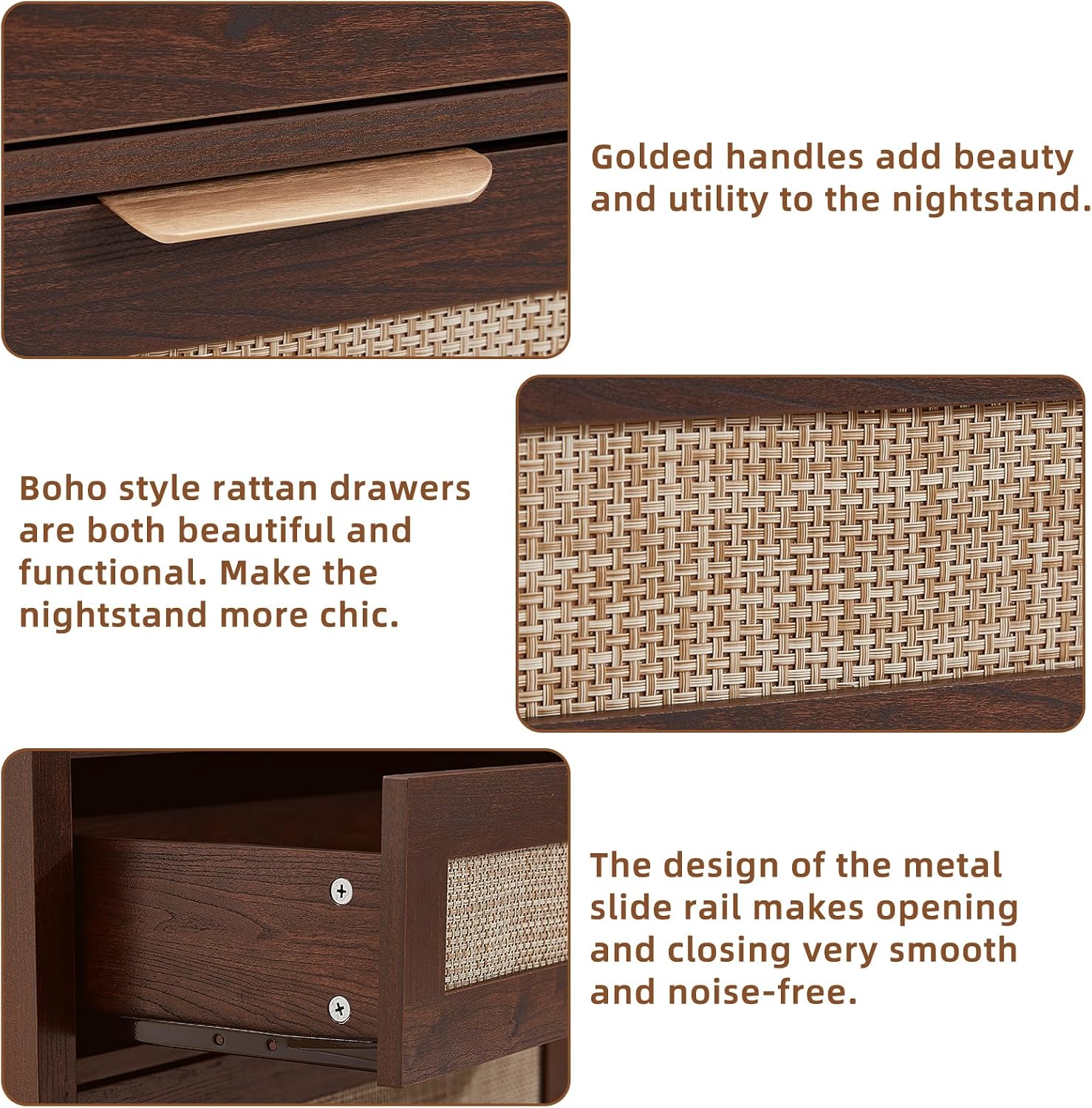LEYAOYAO 31.5' Wide Rattan Night Stand, Large Boho Nightstand, Bedside Table with Storage, Tall Bed Side End Tables, Chest of Drawers for Bedroom, Living Room, Hallway（Walnut,3 Drawers,2）