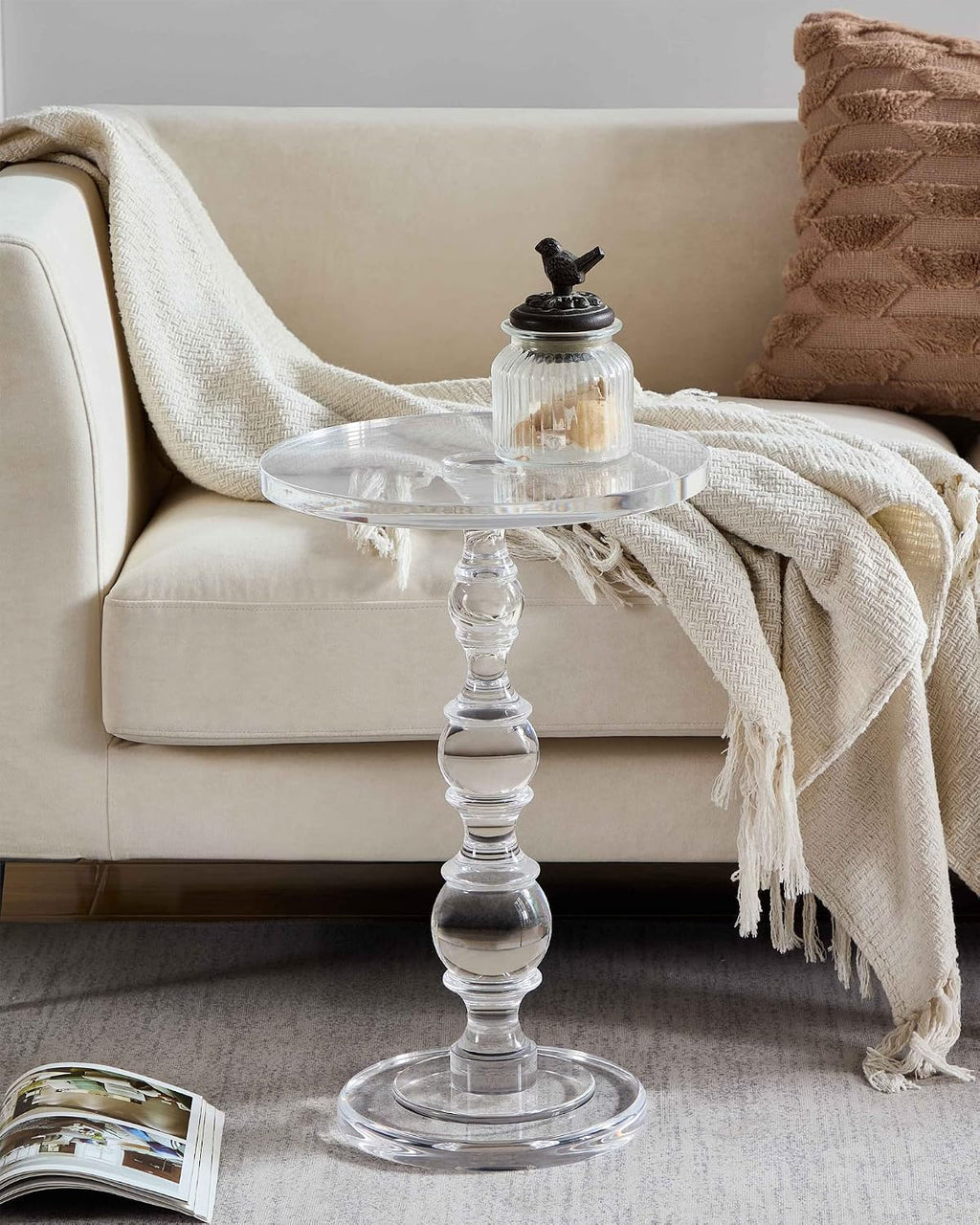 Premium Modern Acrylic End Table, 16' x16' x 23' Clear Pedestal Acrylic Side Table, Lucite Round Martini Table Drink Table with Clear Round Top and Solid Post for Living Room Small Spaces