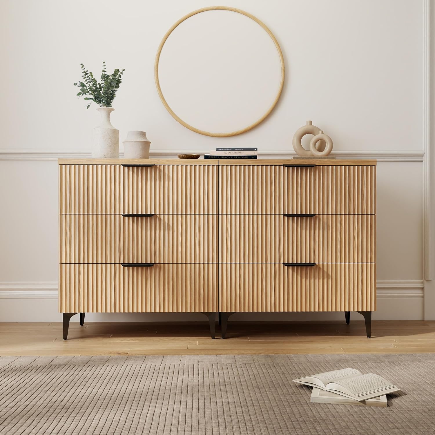 25.6' W Fluted Nightstand with 3 Drawer Dresser, Modern Wood Night Stands Bedside Table for Bedroom King/Queen Bed, End Table with Robot-Friendly Legs for Living Room,Entry (3 Drawers-1pcs-Natural)