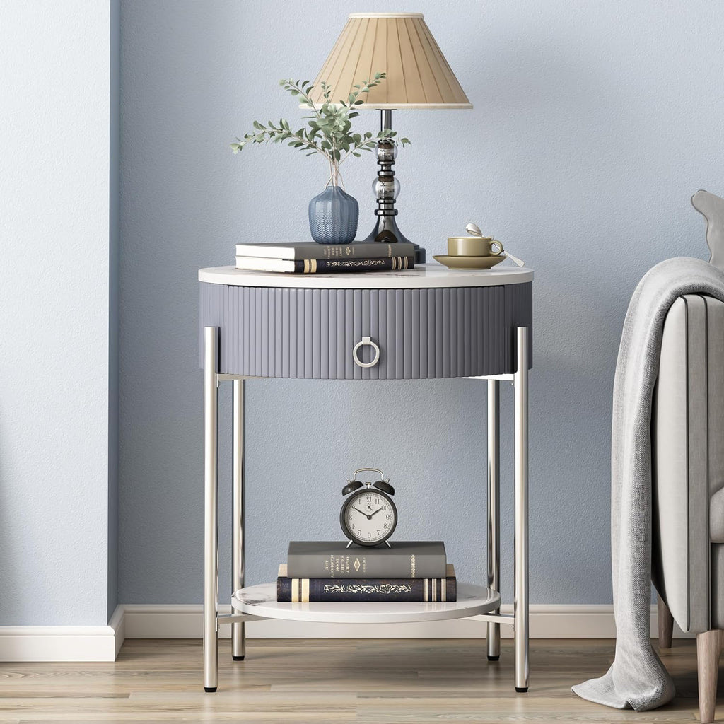 OIOG Round Side Table with Drawer, Modern Nightstand with Shelf and Chrome Finish Metal Legs, 2 Tier End Table for Living Room, Bedroom, Office, Marbling Natural Stone/Silver