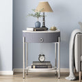 OIOG Round Side Table with Drawer, Modern Nightstand with Shelf and Chrome Finish Metal Legs, 2 Tier End Table for Living Room, Bedroom, Office, Marbling Natural Stone/Silver