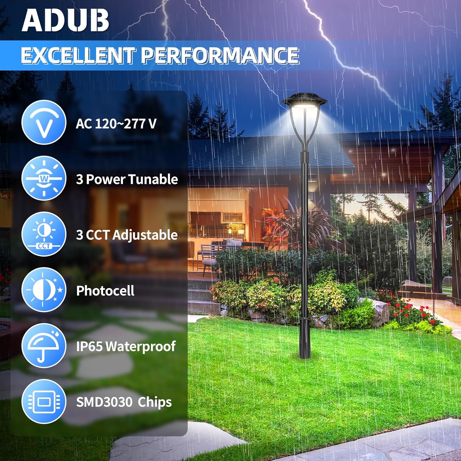 ADUB 2 Pack 60W LED Post Top Lights with Photocell, 8700LM, 60W 48W 36W Adjustable Street Lamp 3 CCT 3000K 4000K 5000K, IP65 Commercial Outdoor Pole Fixture for Parking Lot, AC 120V-277V,ETL Listed