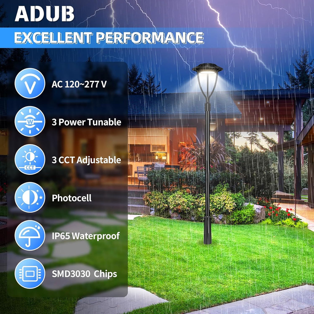 ADUB LED Post Light with Photocell, 60W 48W 36W Post Top Lights 3000K 4000K 5000K Adjustable Wattage & CCT, 7800LM Outdoor Pole Light Fixture, IP65 Waterproof Commercial Street Area Lighting