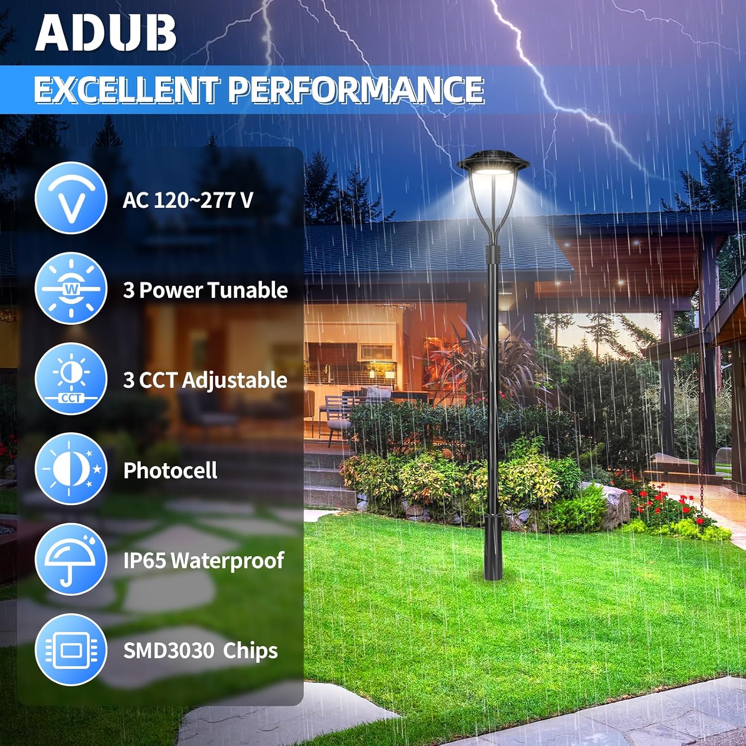 ADUB LED Post Light with Photocell, 60W 48W 36W Post Top Lights 3000K 4000K 5000K Adjustable Wattage & CCT, 7800LM Outdoor Pole Light Fixture, IP65 Waterproof Commercial Street Area Lighting