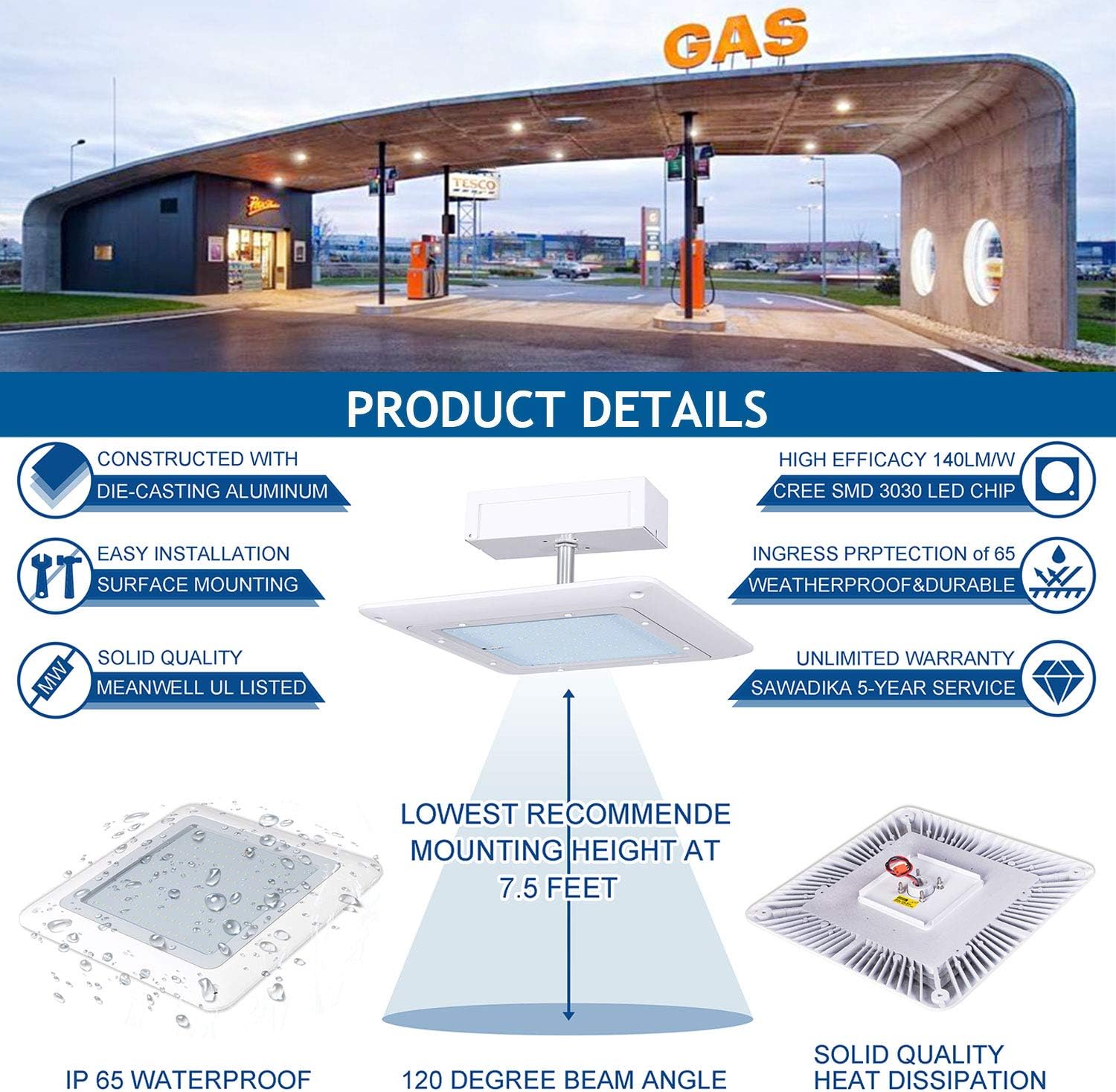 Hytronics 150W LED Canopy Light, 500-750W HPS/HID Replacement, 21000 Lumens, 140 LM/W, 5000K, Waterproof and Outdoor Rated, DLC&UL Listed, Gas Station, Street, Area & Outdoor Lighting, White