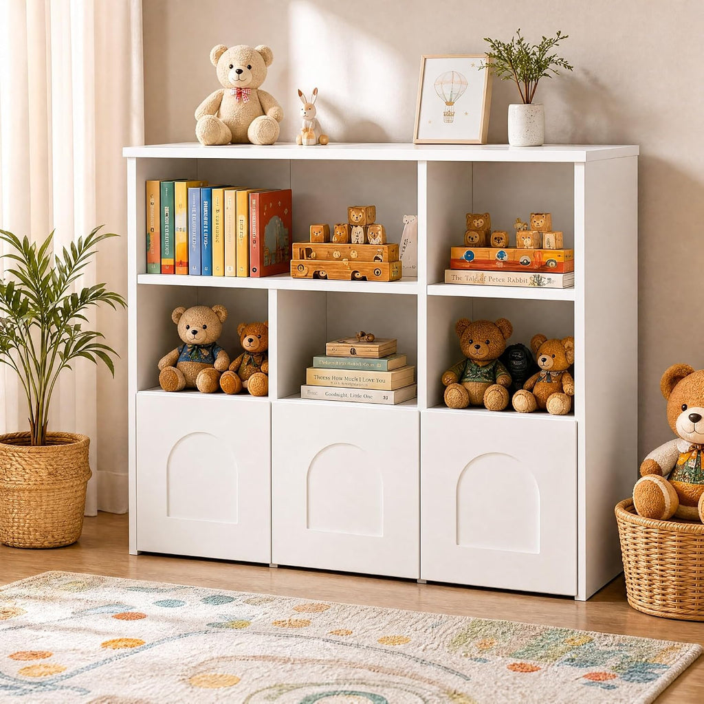 knoworld Toy Storage Organizer,Kid Bookshelf with 5 Cubbies+3 Roll Out Drawers with 360° Wheels, 15mm Thick Wooden Toy Box, Gift-Ready for Kid, Playroom Daycare Living Room, White (39' W)