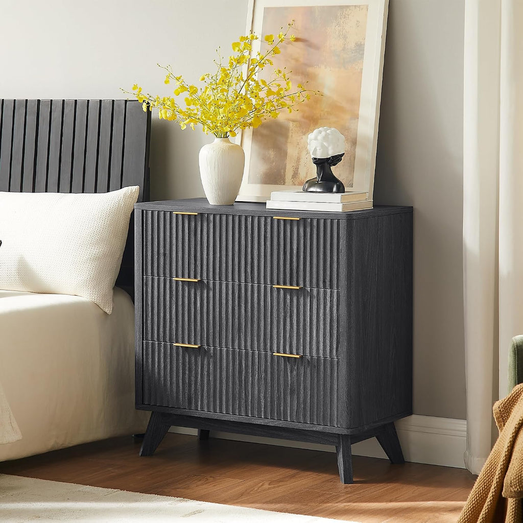 T4TREAM Fluted 3 Drawers Nightstand Set of 2, Oversized Extra Large Modern Side Table, End Table Bedside for Bedroom, Living Room, Curved Profile Design, Dark Alder