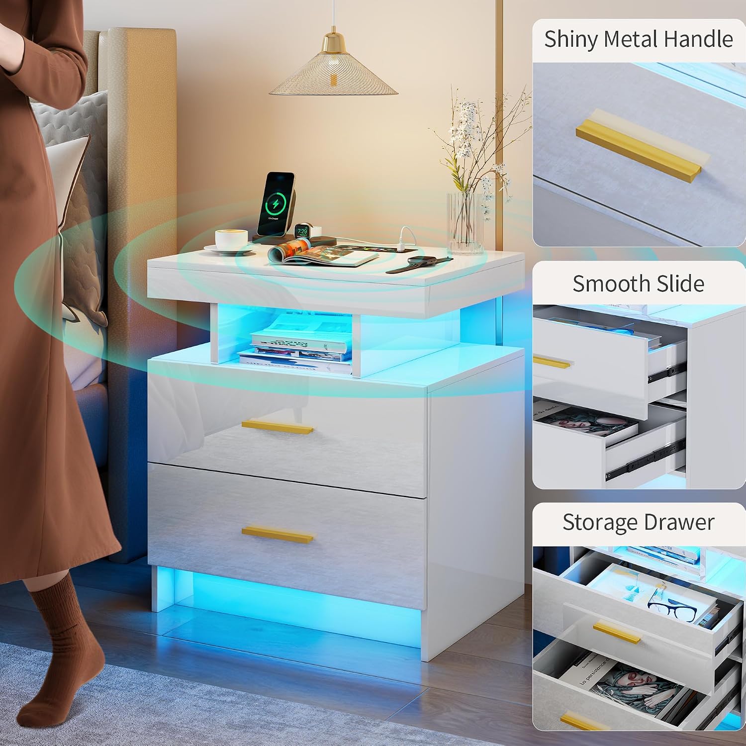 Smart Night Stand Set of 2 with Charging Station, Modern White Nightstand with 24 Color Lights and 2 Drawers, LED Bedside Tables with Auto Senor,High Gloss End Side Table for Bedroom