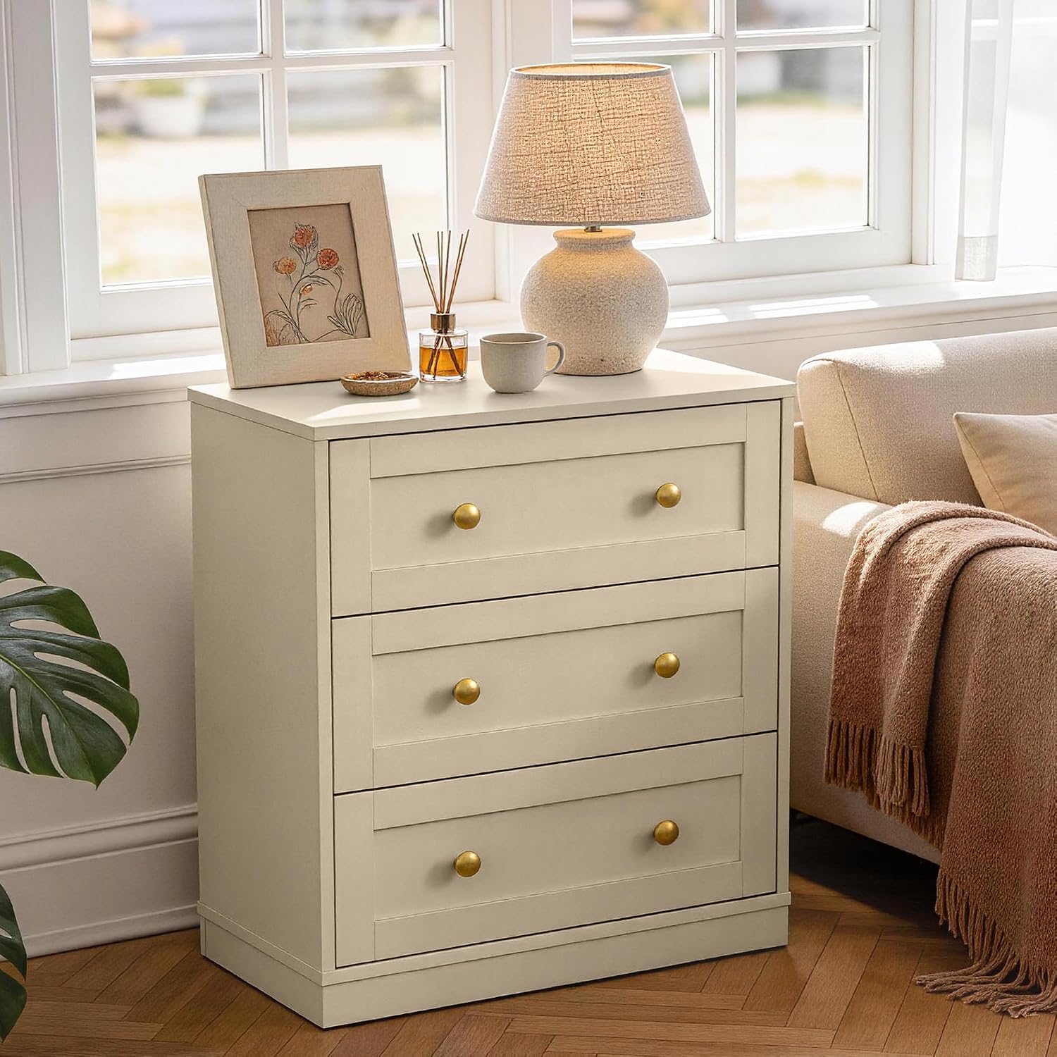 RoyalCraft Nightstand with 3 Drawers Storage, Large Wood Night Stand for Bedroom, Modern Bedside Table, End Table for Hallway, Closet, Beige