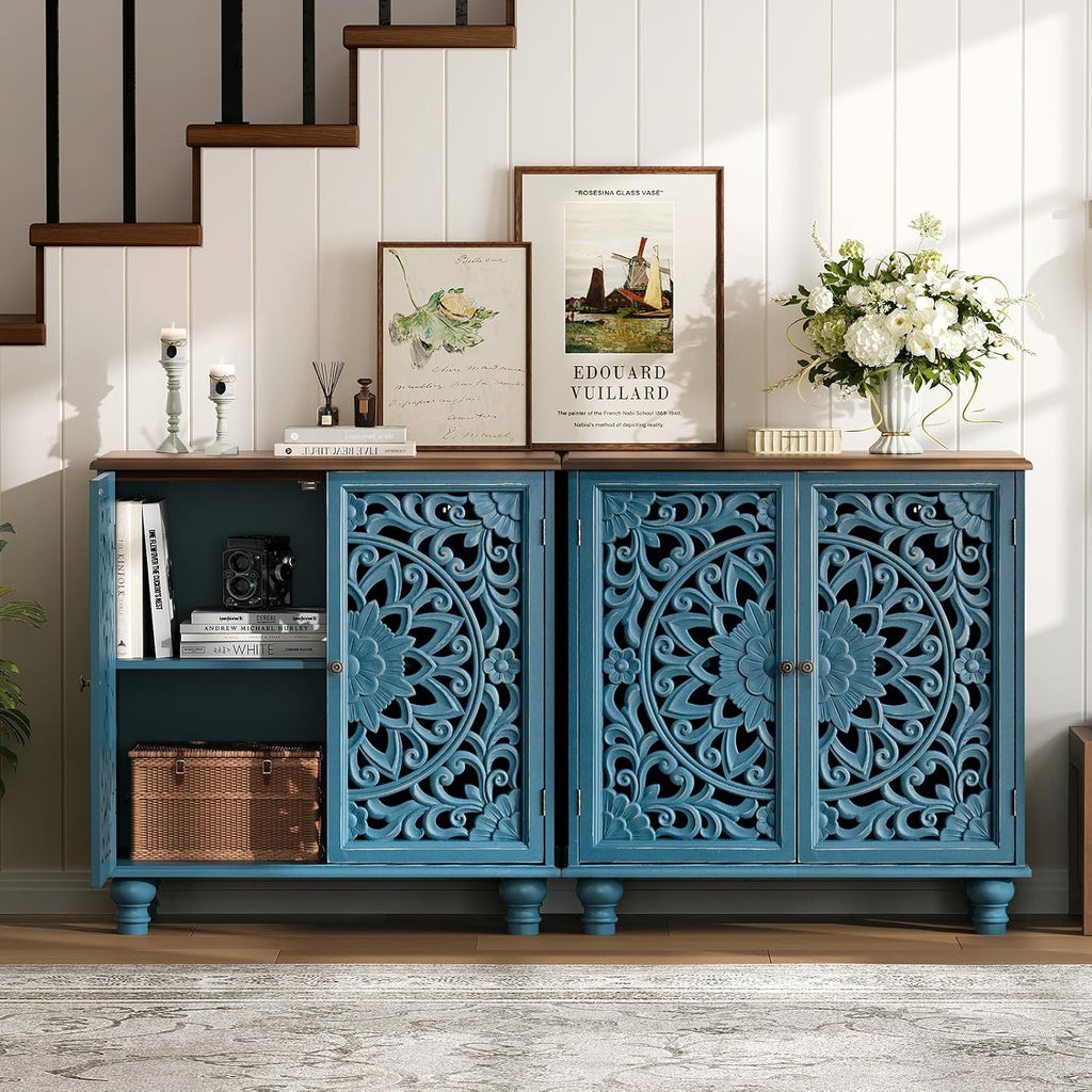 JOINICE Blue Accent Cabinet with Carved Doors, 31' Storage Cabinet for Entryway & Living Room, Vintage Sideboard Buffet Table with Adjustable Shelf, Solid Wood Legs, Boho Home Decor