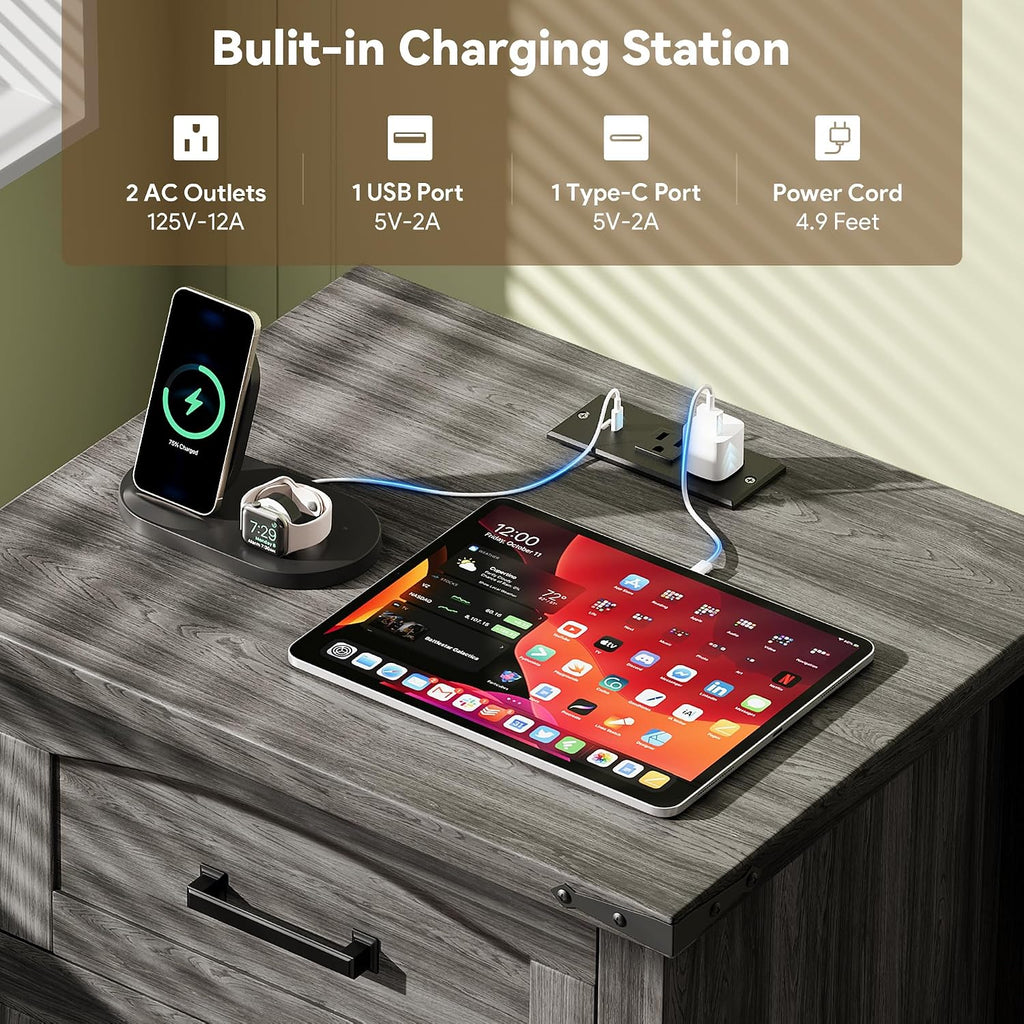 Decofy Farmhouse Nightstand Set of 2 with Charging Station, 18'' Wide Rustic End Table with USB/Type-C Ports, 3 Drawers, Wood Bedside Table for Bedroom, Grey Oak