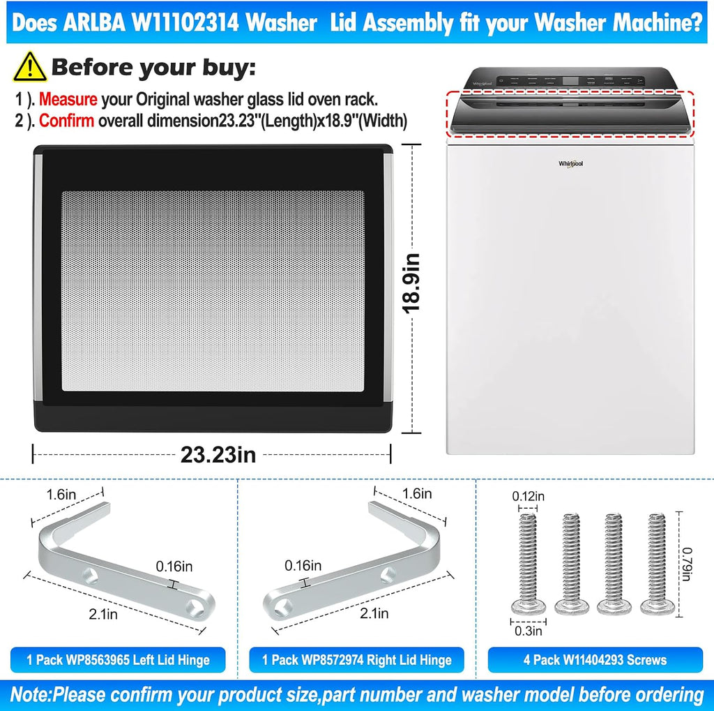 Upgraded W11102314 Washer Glass Lid Assembly Compatible with Whirlpool W10594159 W10610172 W10843825 WP8563965 Left Lid Hinge & WP8572974 Right Lid Hinge & 4 Screws W11404293