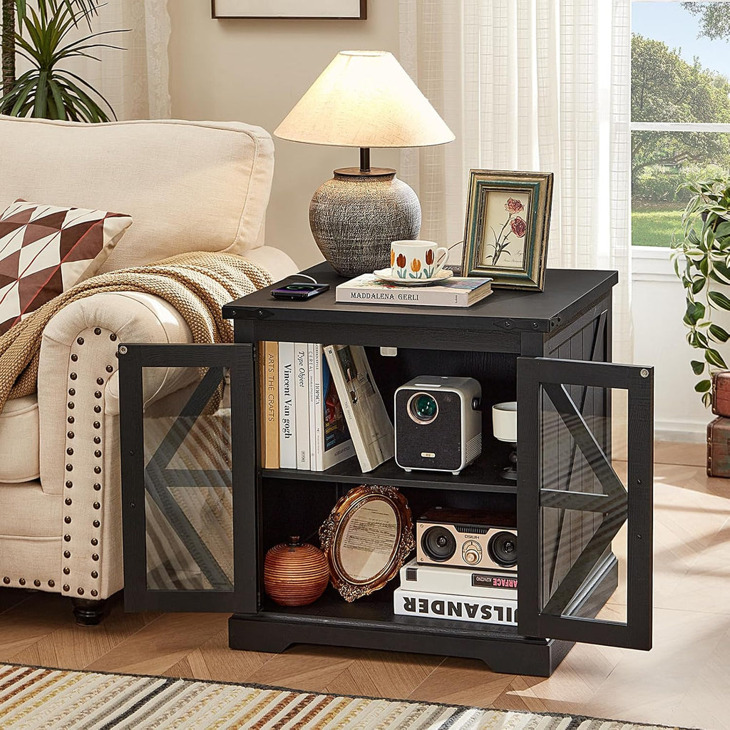 Joaxswe 24' End Table with Charging Station, Farmhouse Night Stand with Glass Barn Door, Black Nightstands with Adjustable Storage Shelf, Large Wood Square Bed Side Table for Living Room,Bedroom