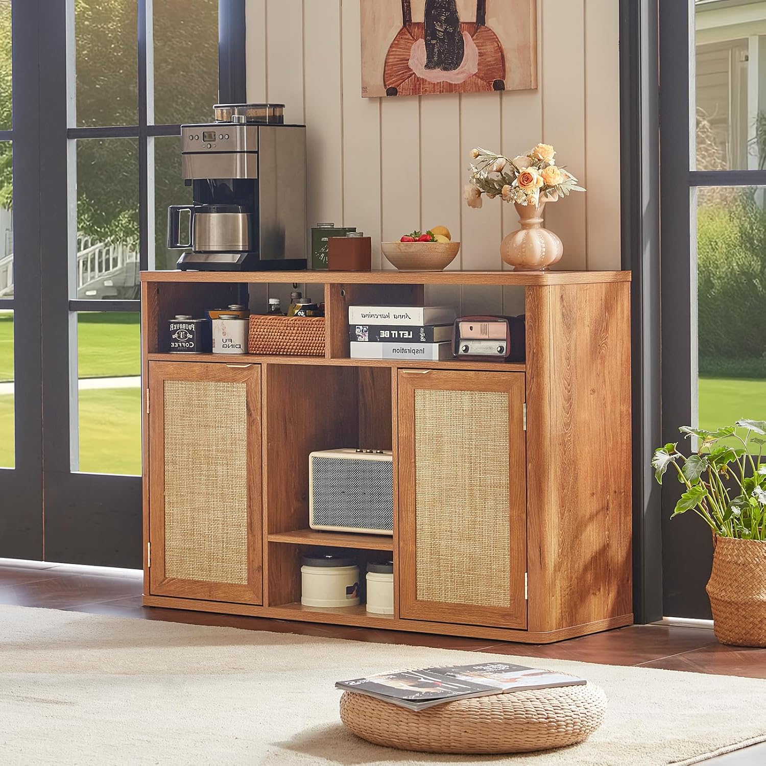 Lerliuo Rattan Wine Cabinet with 2 Doors, Boho Liquor Cabinet with Wine Racks, Farmhouse Coffee Bar Station for Living Room, Dining Room, Kitchen, Tea Brown
