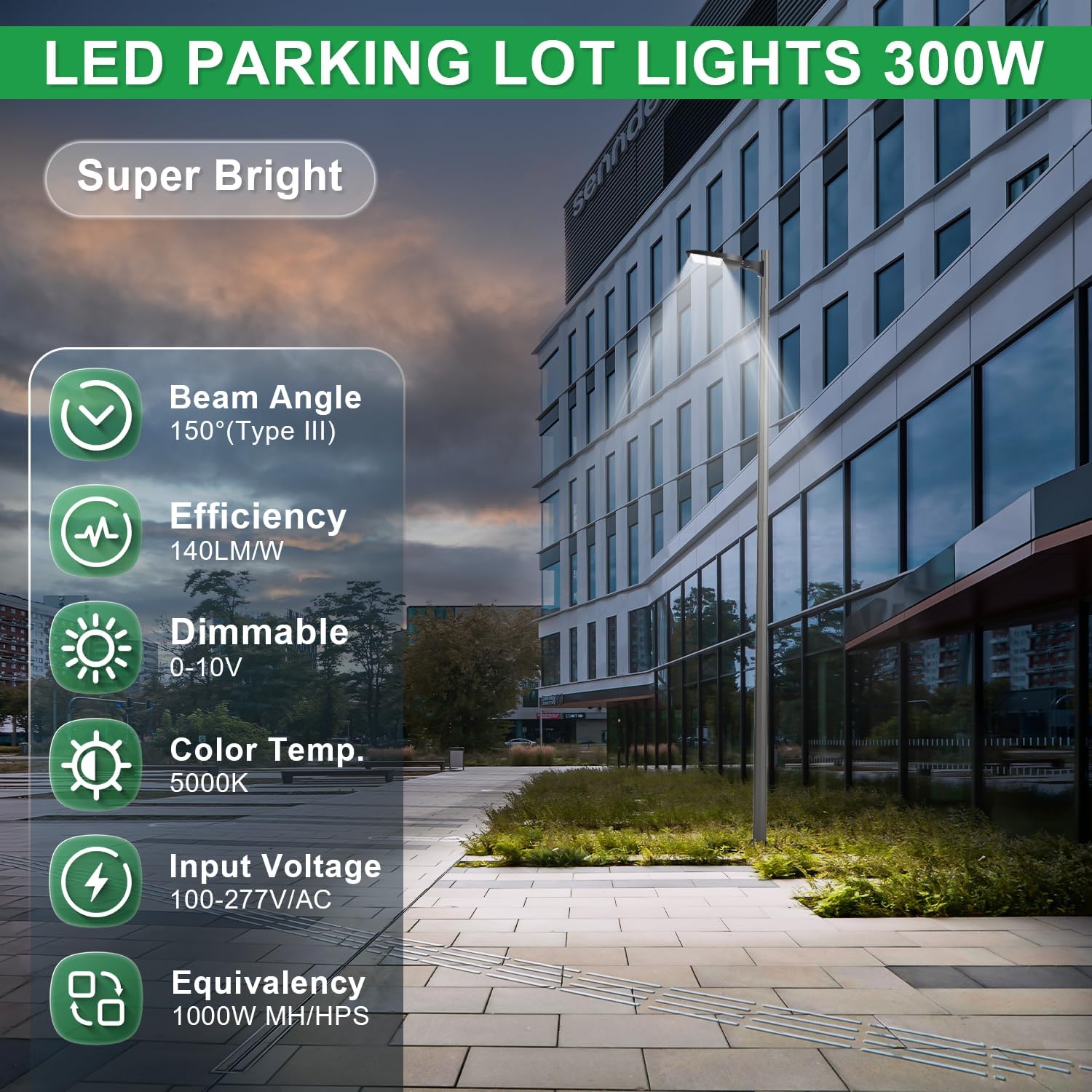 300W LED Parking Lot Light, 42000LM(140lm/w) LED Shoebox Area Light, 5000K Dimmable Commercial Outdoor Street Lighting(1000W HID/HPS Equivalent) with Direct Arm Mount IP65 100-277VAC