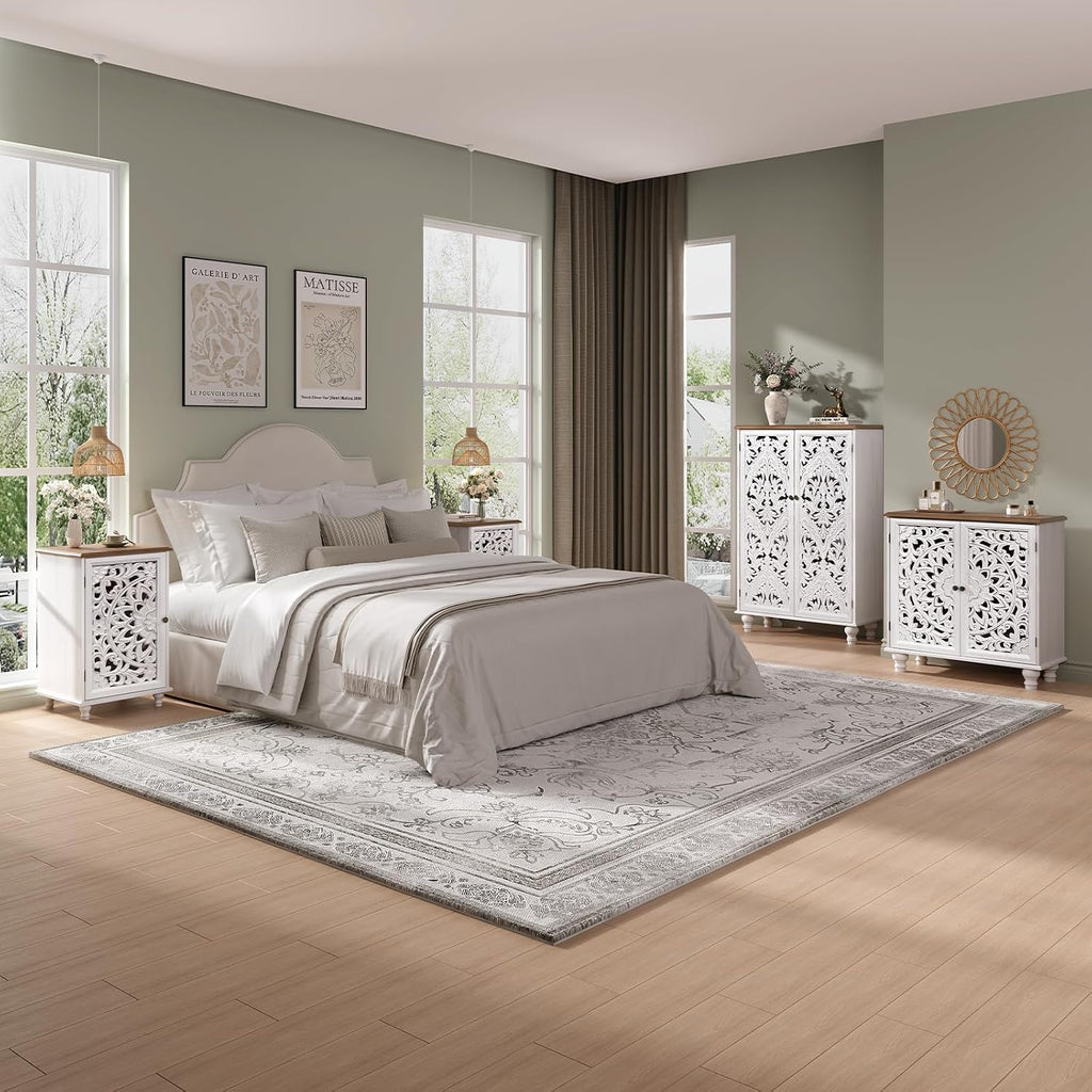 JOINICE Small Accent Cabinet with Carved Mandala Door, White Storage Cabinet with Solid Wood Legs & Adjustable Shelf, Boho Distressed End Table for Living Room, Bedroom, Entryway Side Table