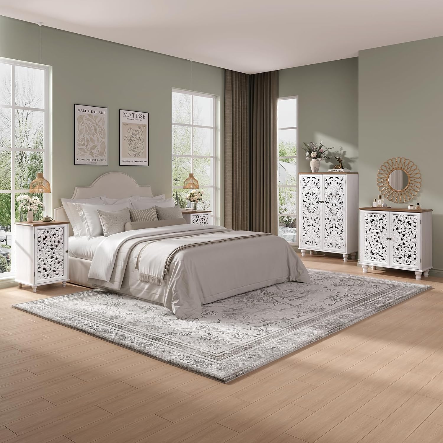 JOINICE Small Accent Cabinet with Carved Mandala Door, White Storage Cabinet with Solid Wood Legs & Adjustable Shelf, Boho Distressed End Table for Living Room, Bedroom, Entryway Side Table