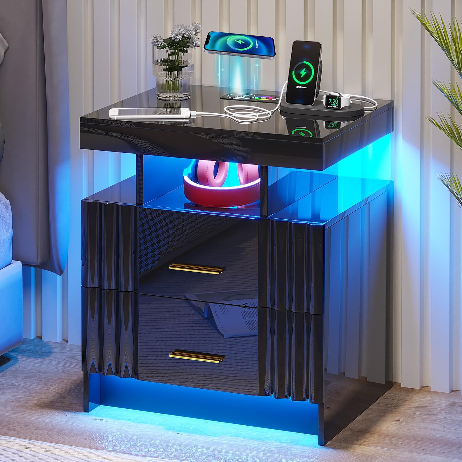 Nightstand with Wireless Charging Station,Set of 2 Bedroom Bedside Table with RGB Lights, Smart Night Stand with 2 Drawers, Bedside Tables Modern Bedside Table for Bedroom, Living Room(Black)