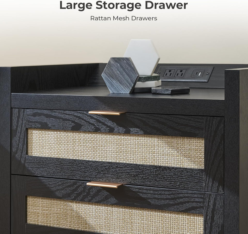SICOTAS Rattan Nightstand Bedside Table - Larger Night Stand with Type-C Charging Station, 3 Drawers Storage - Boho Night Stands End Table for Bedroom - Black Oak