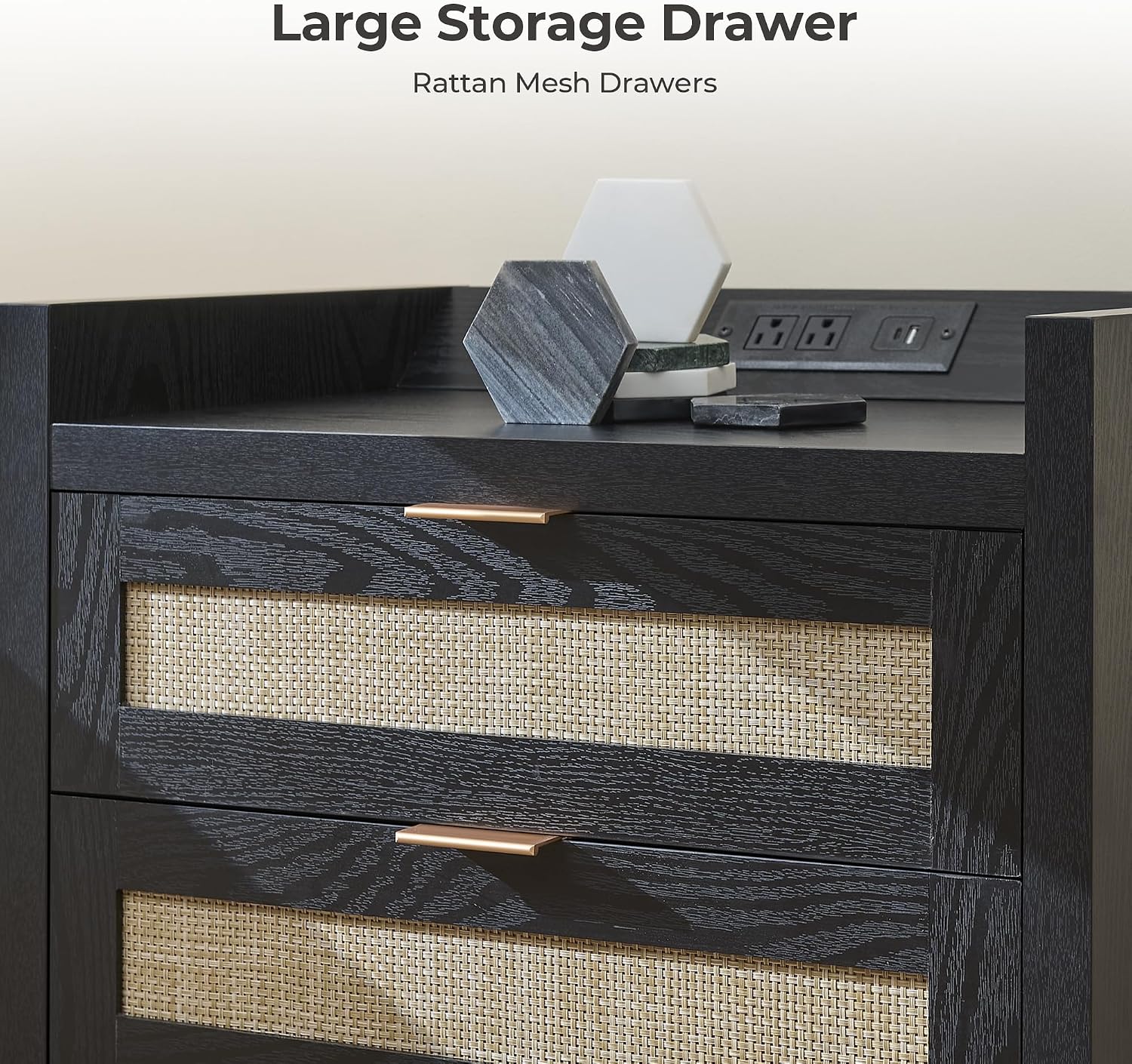 SICOTAS Nightstands Set of 2 Bedside Table - Larger Rattan Night Stand with Type-C Charging Station, 3 Drawers Storage - Boho Tall Night Stands End Table for Bedroom Office - Black Oak