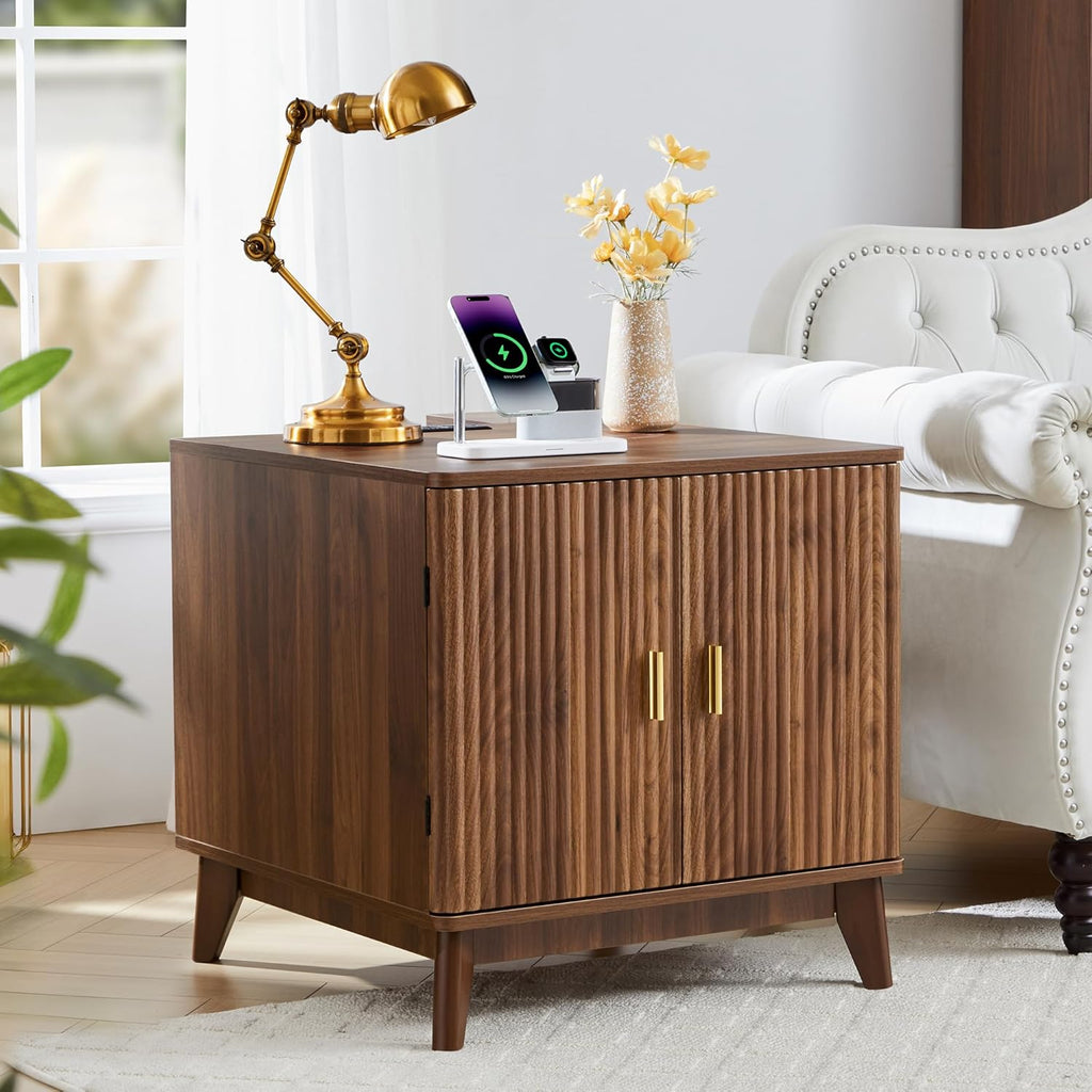 Fluted End Table with Charging Station, Mid Century Modern Nightstand with 2 Doors, Bed Side Table with Storage for Couch, Living Room, Small Spaces, Sofa Side Table for Office, Dorm - Walnut