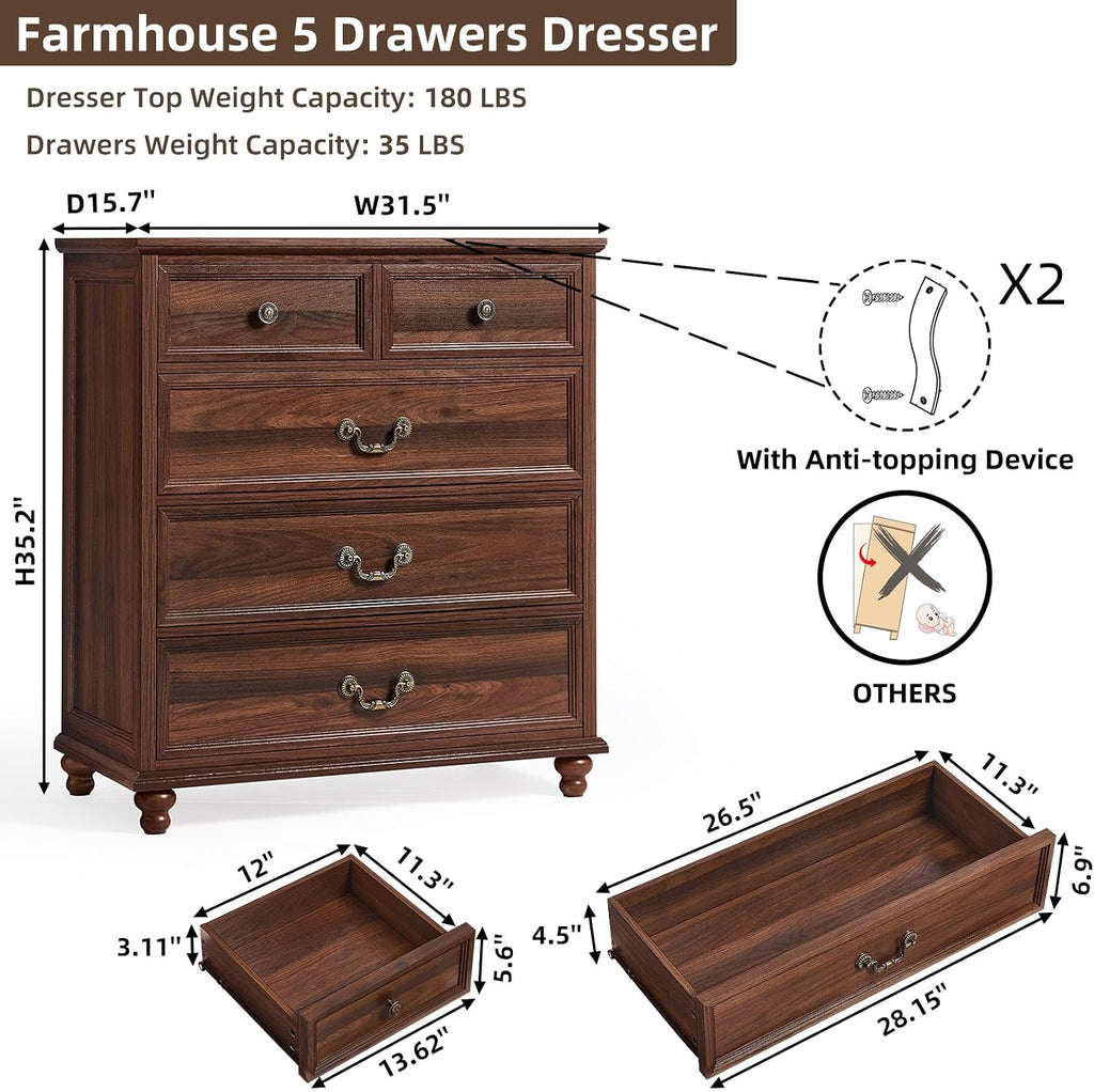 Joaxswe Farmhouse 5 Drawer Dresser Set of 2 for Bedroom, 35' Tall Rustic Chests of Drawers w/ 4 Solid Wood Feet, Mid Century Vintage Wooden Closet Storage Dressers Organizer for Living Room,Brown