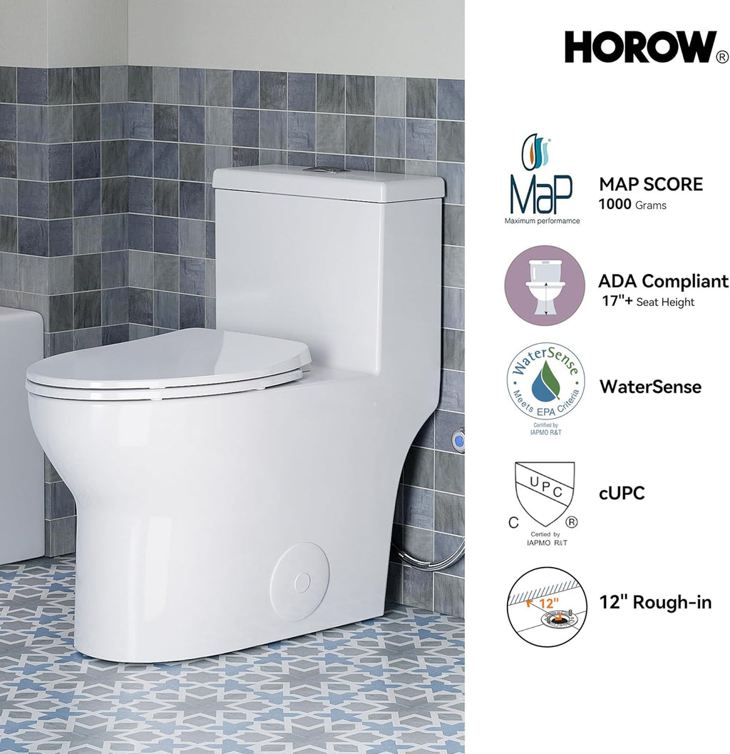 HOROW T0350W One-Piece Elongated Toilet, 17' ADA Chair Height, Dual Flush 0.8/1.28 GPF, MaP 1000g Powerful Flush, Soft-Close Seat, Skirted Design, Square Flush Button, 12' Rough-In, White