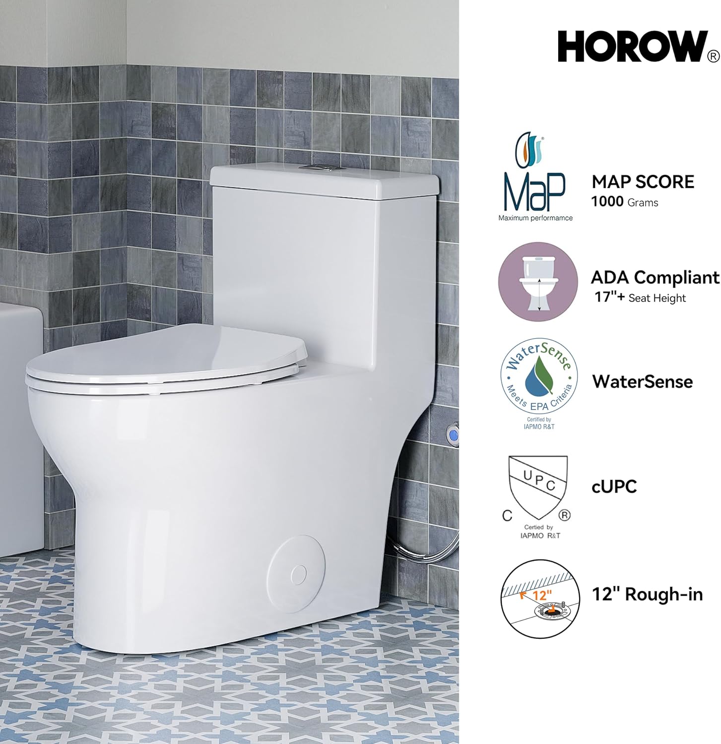HOROW T0350W One-Piece Elongated Toilet, 17' ADA Chair Height, Dual Flush 0.8/1.28 GPF, MaP 1000g Powerful Flush, Soft-Close Seat, Skirted Design, Square Flush Button, 12' Rough-In, White