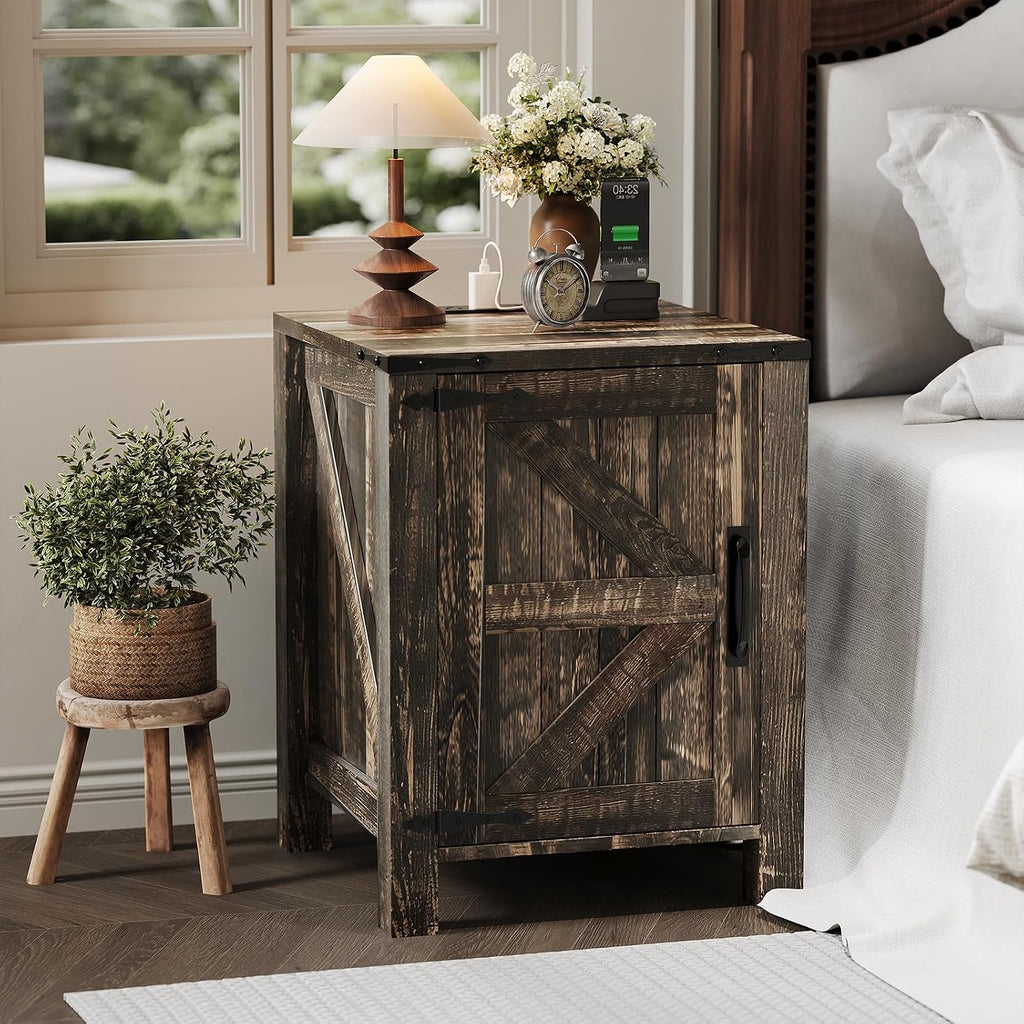 Garvee Rustic Farmhouse Nightstand with Charging Station, Barn Door and Adjustable Storage Shelf, Wooden Small Bedside Table, 18' Modern Two-Tier Nightstand & End Table for Bedroom (2, Dark Brown)