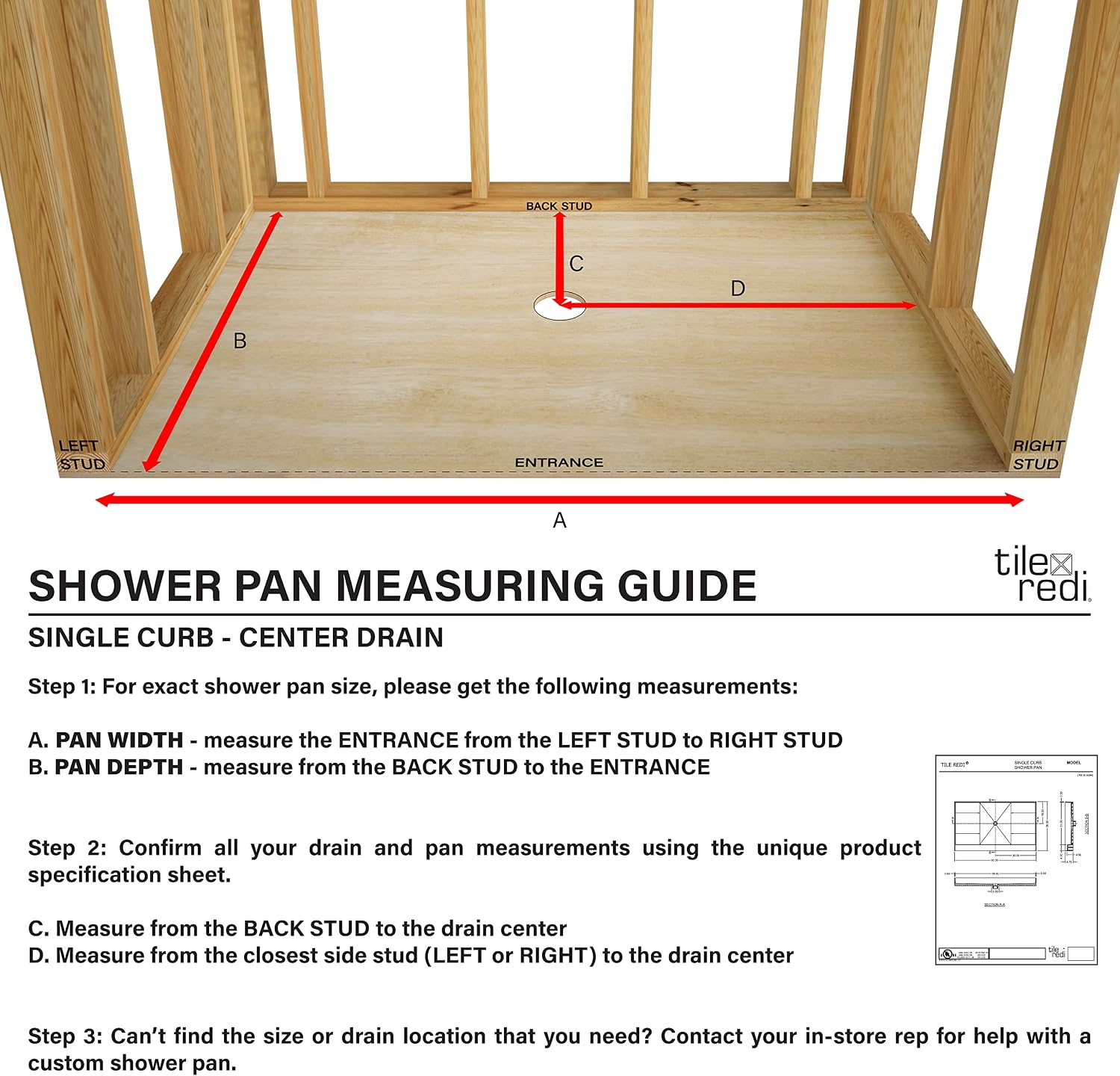 Tile Redi P3042C-PVC Shower Pan with Center Drain- Single Curb Shower Base, 2' PVC Drain, and Plate Included, 42' Width x 30' Depth